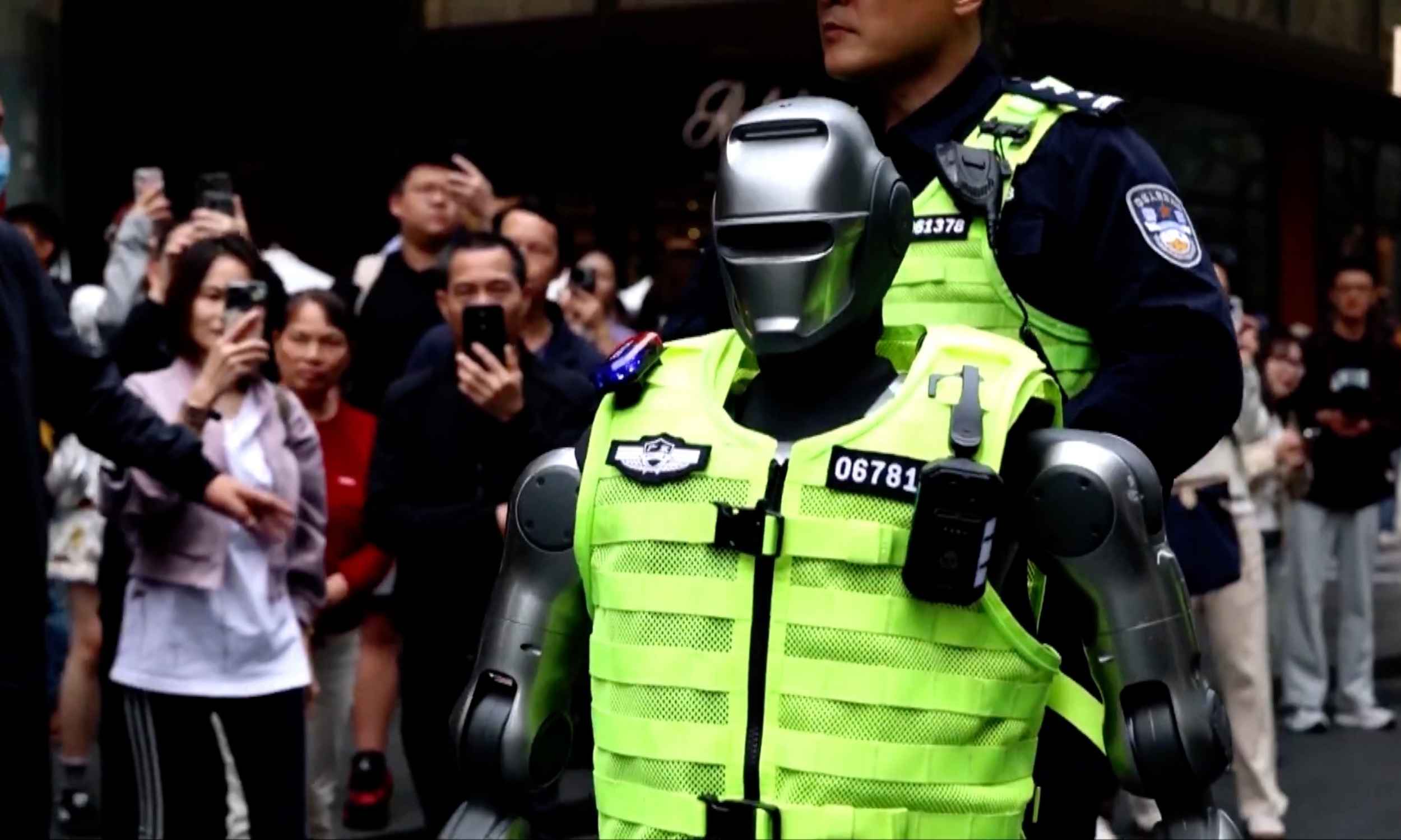 Humanoid robot police officer directing traffic at a city intersection in China