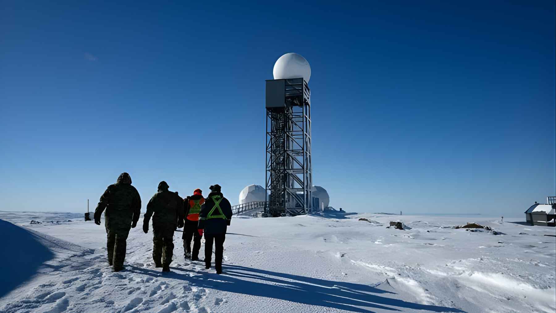 Defense Advanced Research Projects Agency radar facility under the northern lights in the Arctic