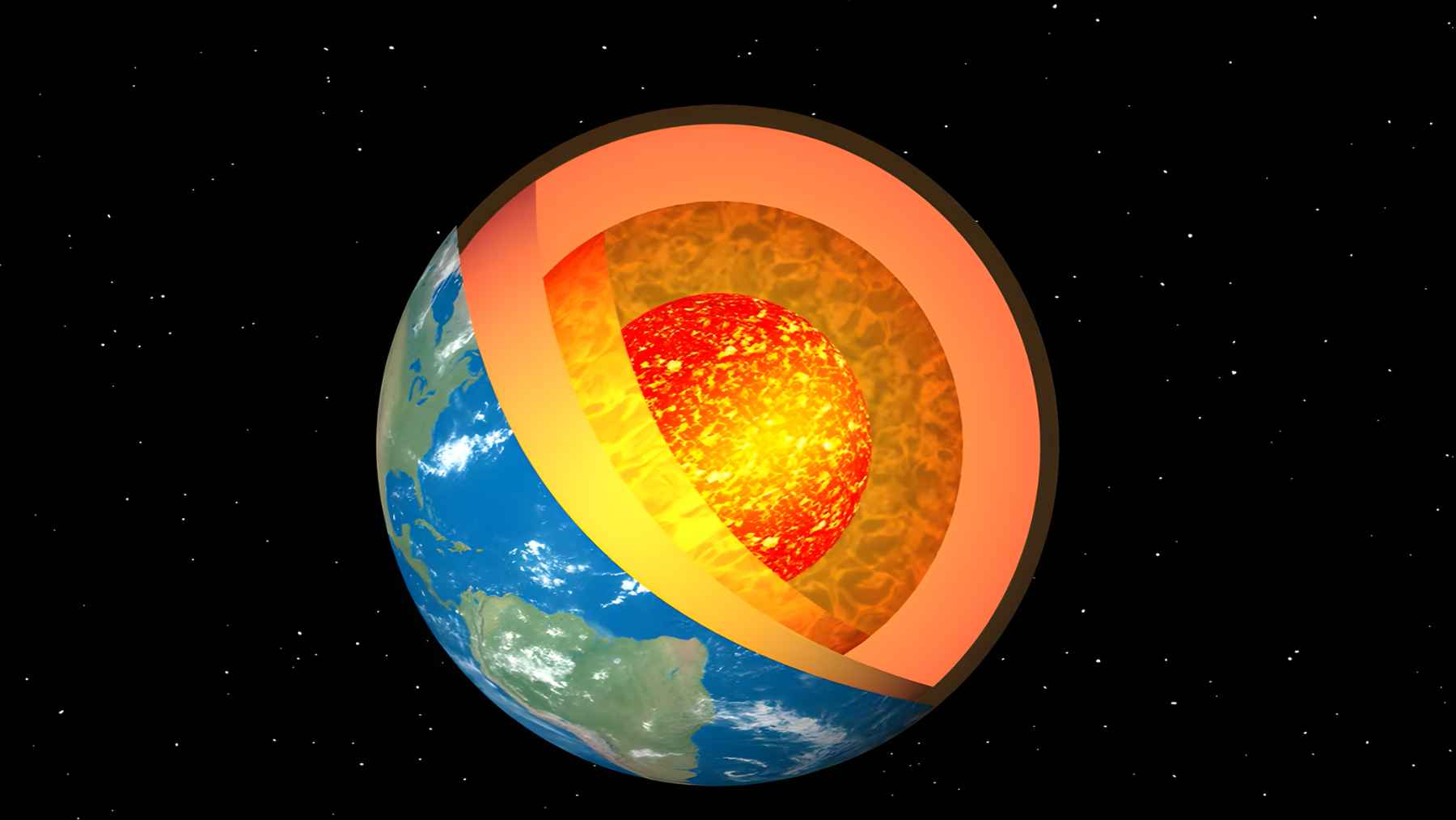 “Illustration of Earth cutaway showing the mantle, outer core, and a glowing inner core against a starry space background.”
