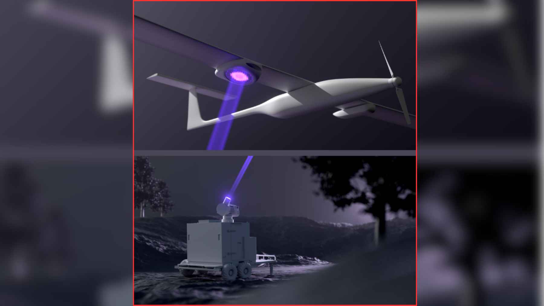 Concept render of a ground laser beaming power to a drone in flight.