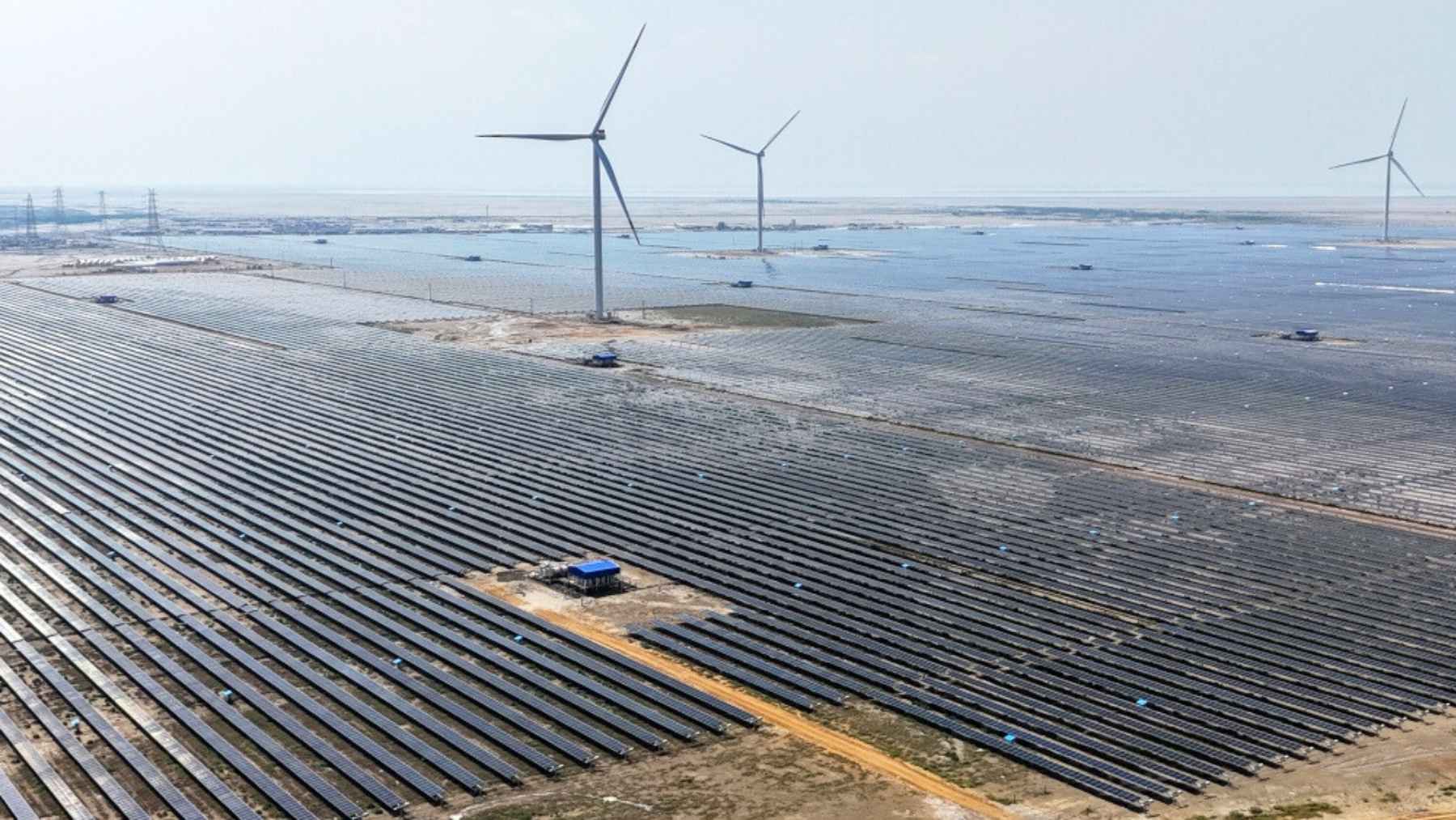 Vast solar panel arrays stretch across flat land with wind turbines in the distance, symbolizing India’s rapid clean power buildout.