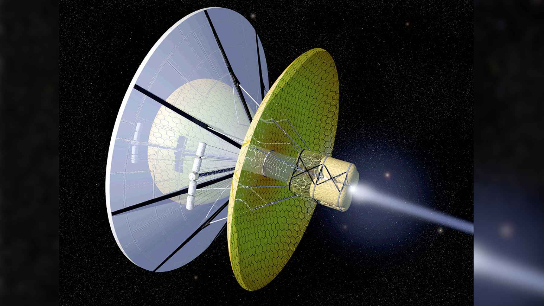 Concept illustration of an interstellar probe accelerated by a relativistic electron beam toward Alpha Centauri