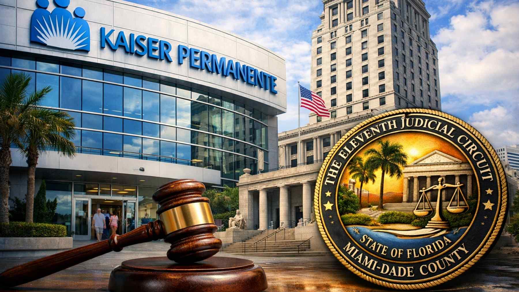 Kaiser Permanente marketing text settlement approved in Miami-Dade County court, shown with gavel and Eleventh Judicial Circuit seal.