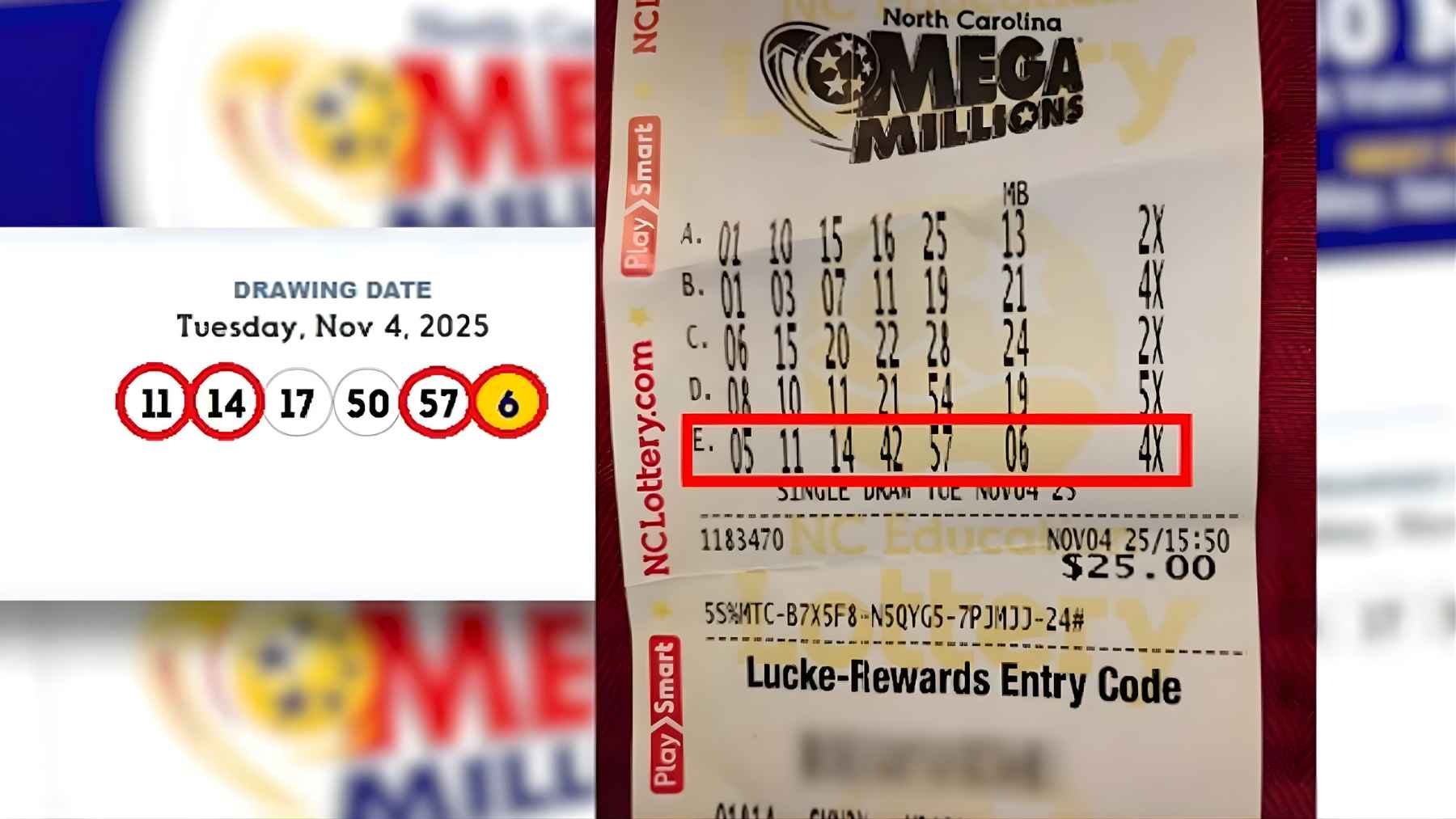 Mega Millions winning numbers beside a North Carolina Lottery ticket, as a prize is held up over a Social Security number debt mix-up.