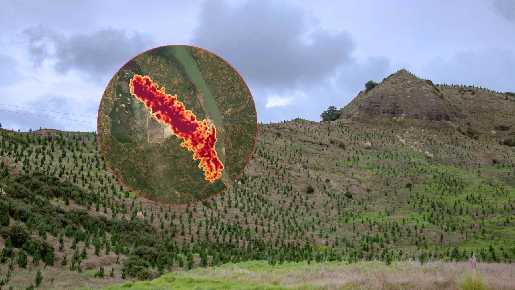 Hillside landscape with an inset satellite-style heat map highlighting a methane plume, illustrating research on temporary CO2 removals.