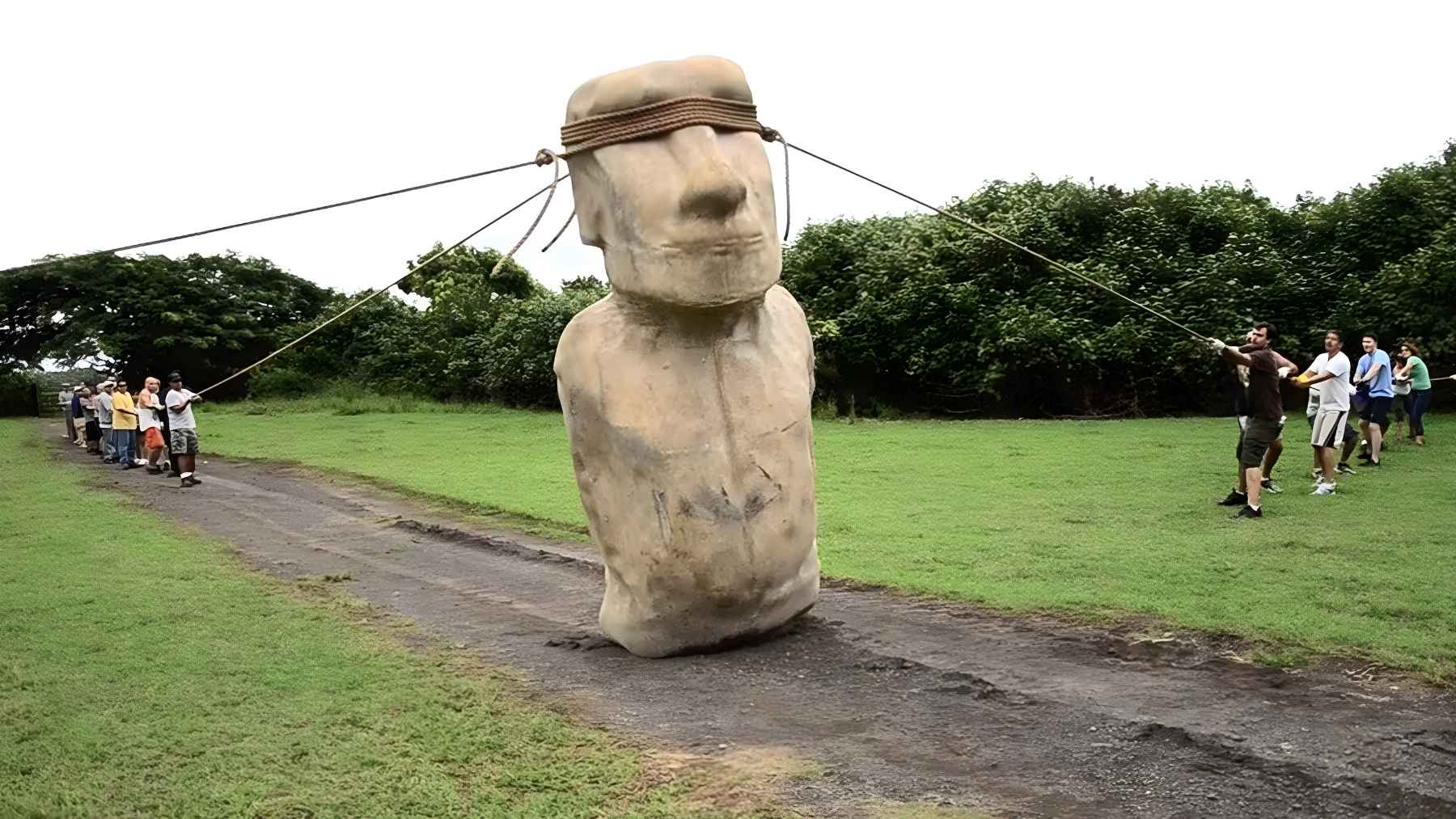 Moai statues standing along an ancient road on Rapa Nui, where researchers say the figures were moved upright