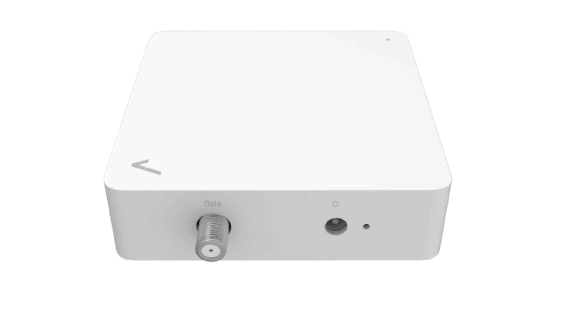MoCA Ethernet-over-coax adapter showing the coax “Data” port and power button on a compact white device.
