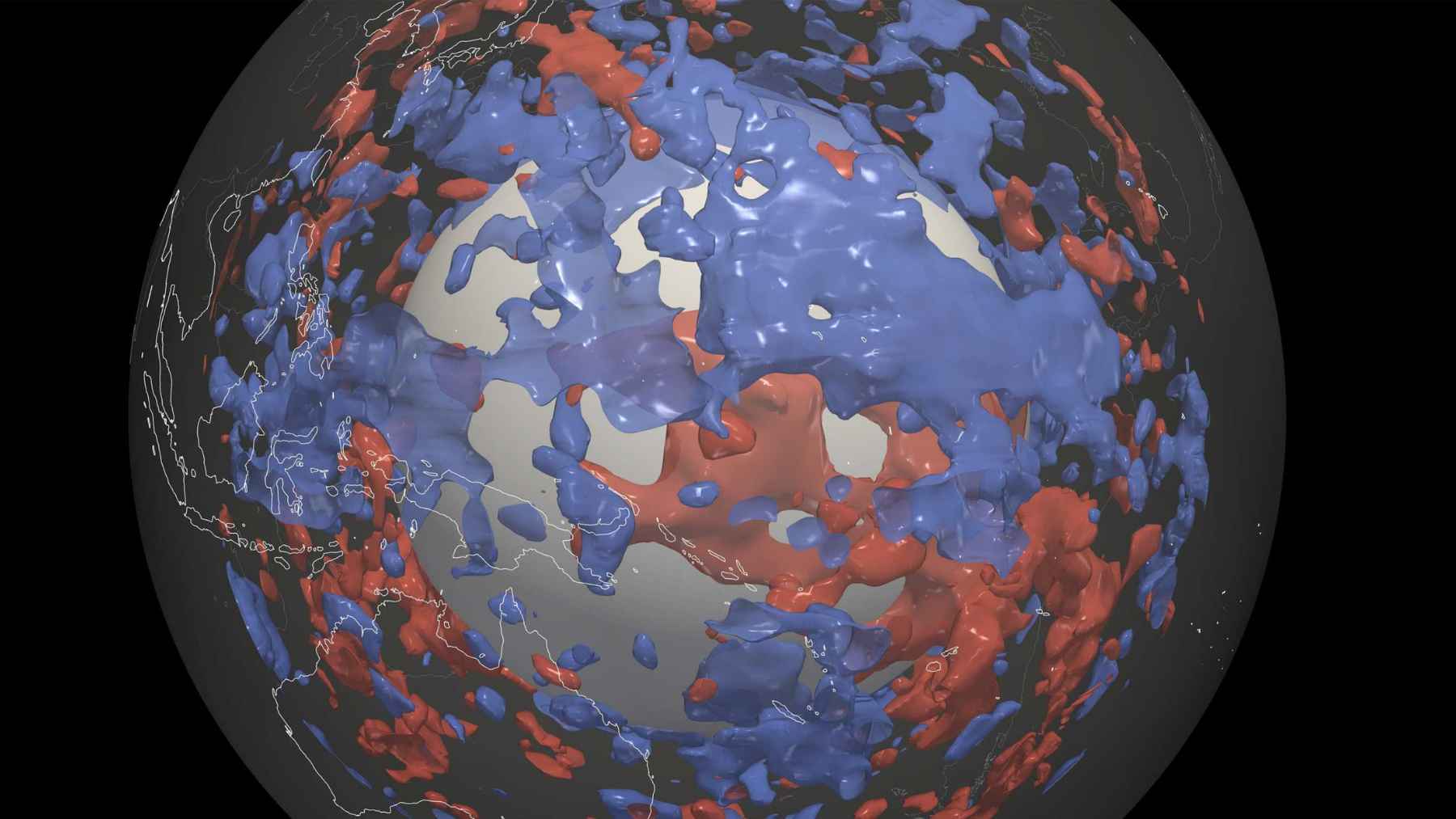 High resolution seismic model showing fast wave anomalies deep beneath the Pacific Ocean in Earth’s lower mantle.