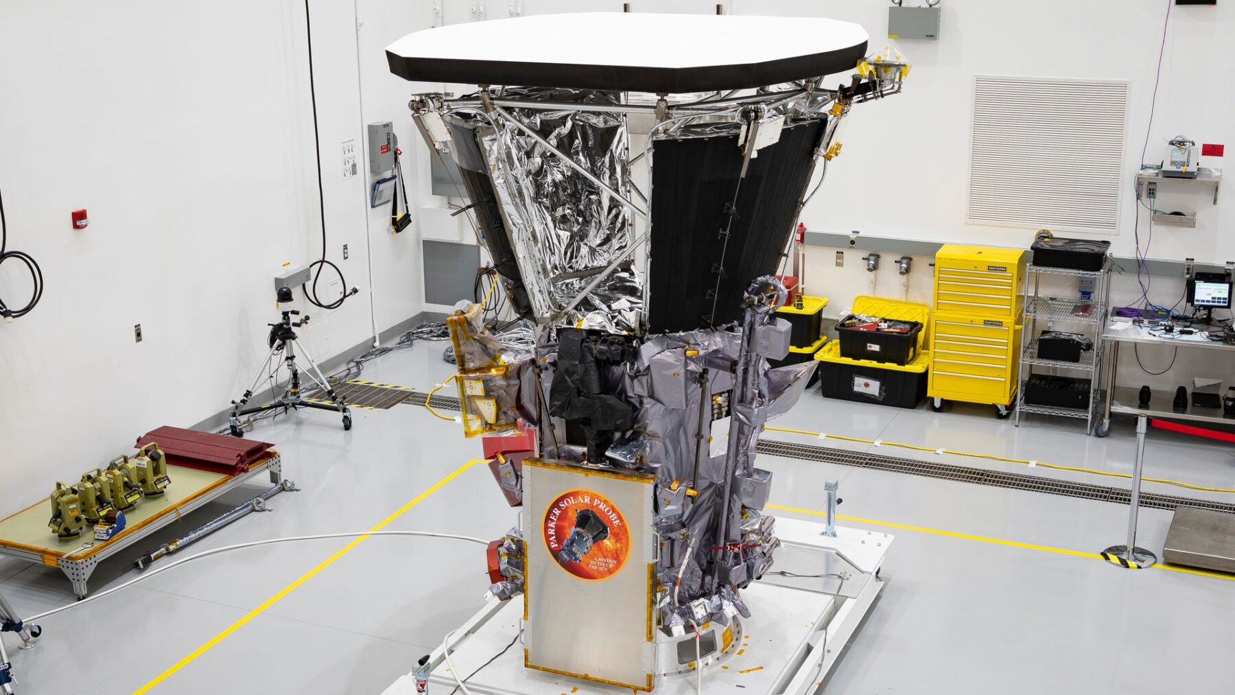 NASA Parker Solar Probe inside a clean room facility during prelaunch testing and preparation