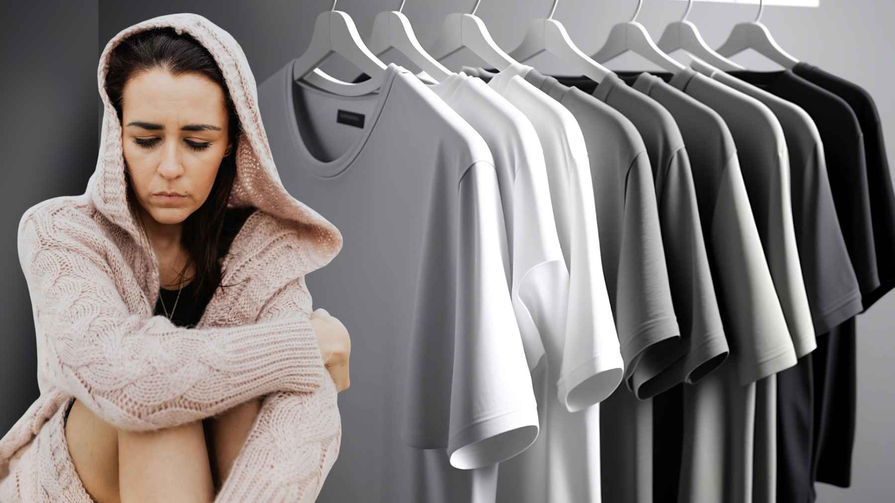 Outfits in gray, brown, and black tones associated with low self esteem in color psychology studies.