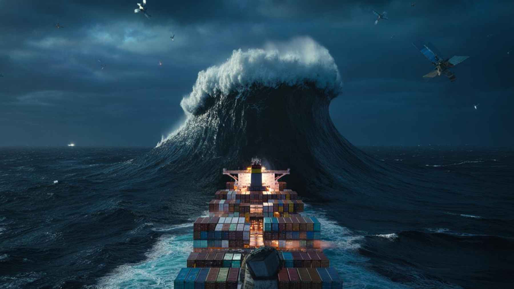 Cargo ship facing a massive 35-meter rogue wave in the Pacific as satellites monitor extreme sea conditions