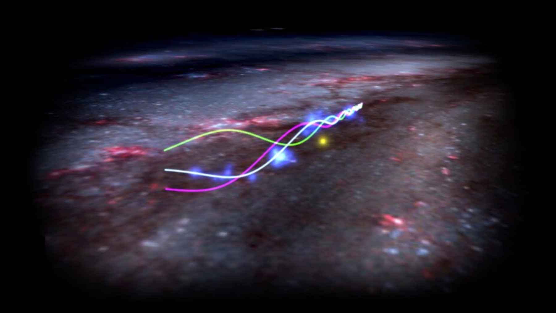 Illustration of the solar system passing through the Radcliffe Wave, a giant filament of gas and young stars in the Milky Way.