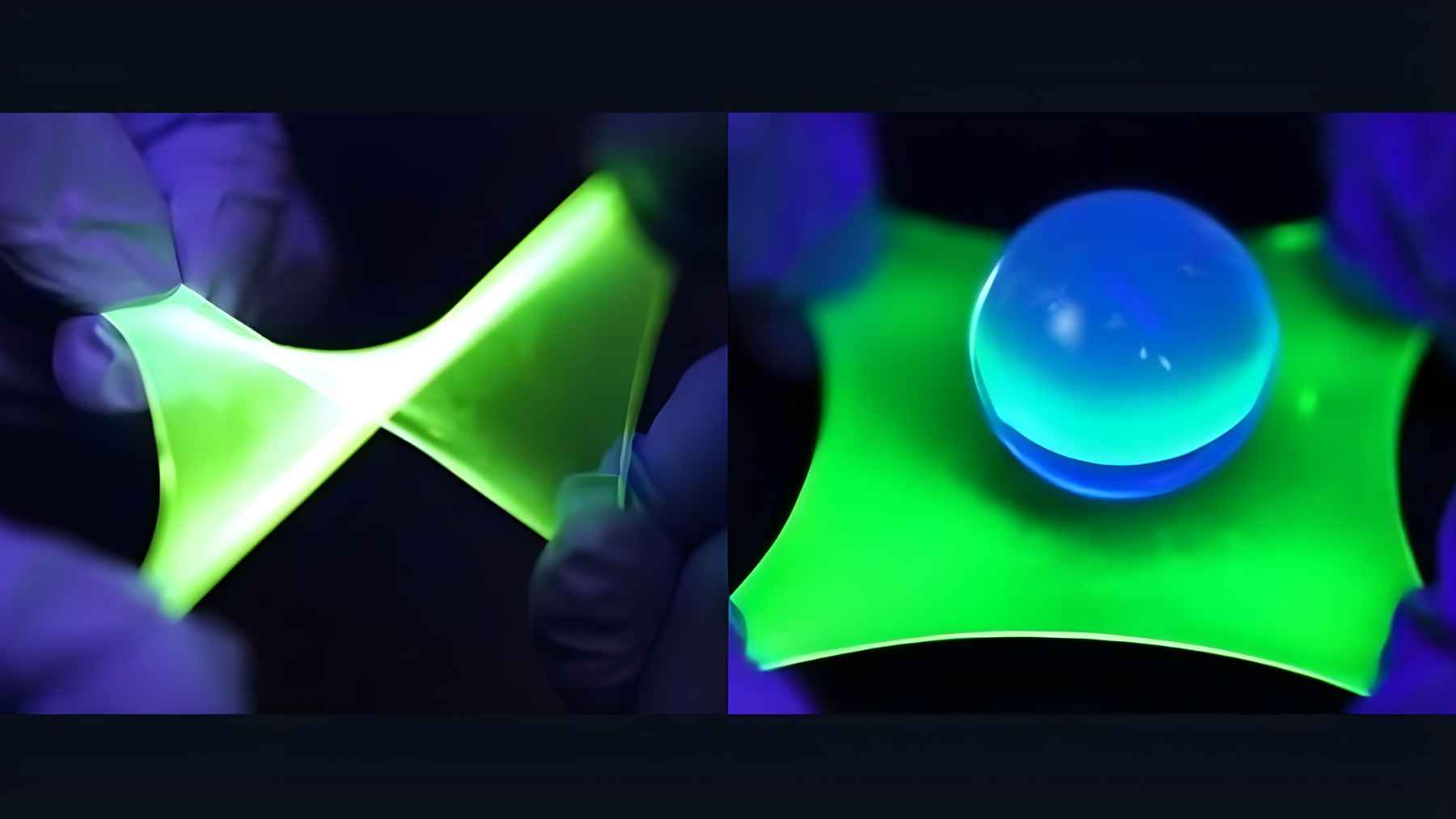 Hands stretching a glowing flexible OLED film under lab lighting, showing a bright display material that bends without dimming.