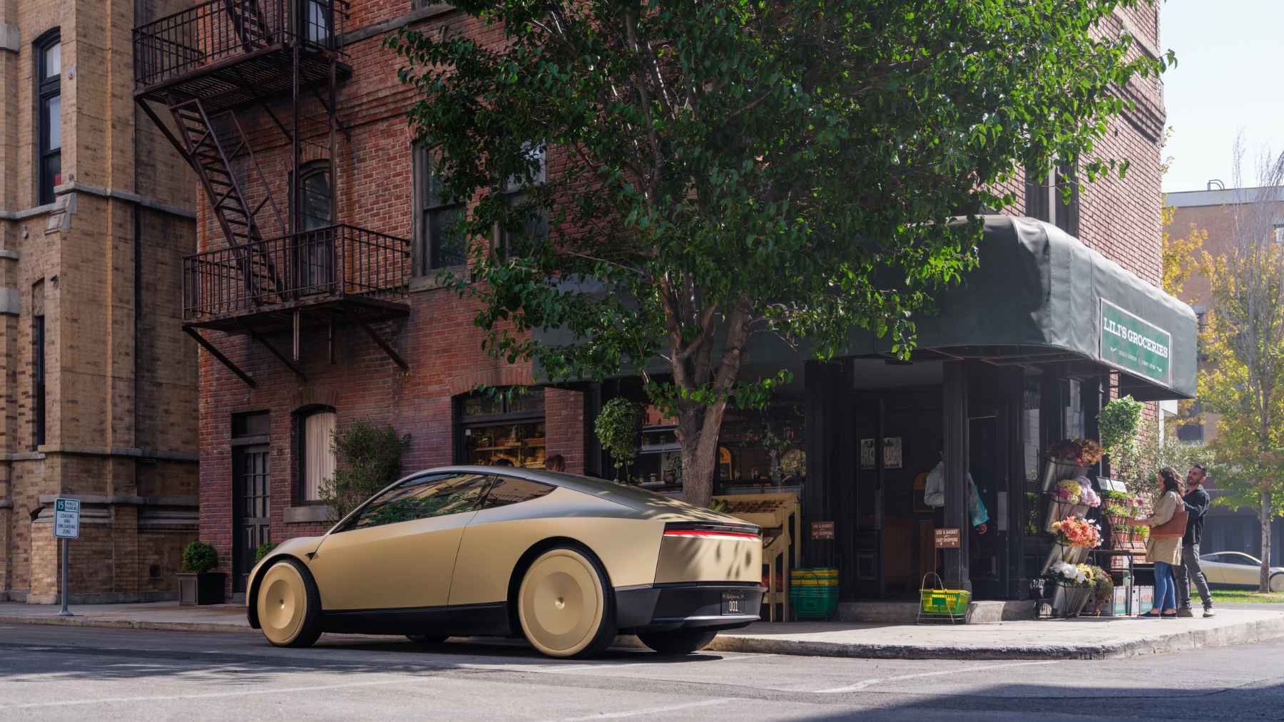 Tesla Cybercab robotaxi concept parked on a city street outside a corner grocery, showing the sleek two door design.