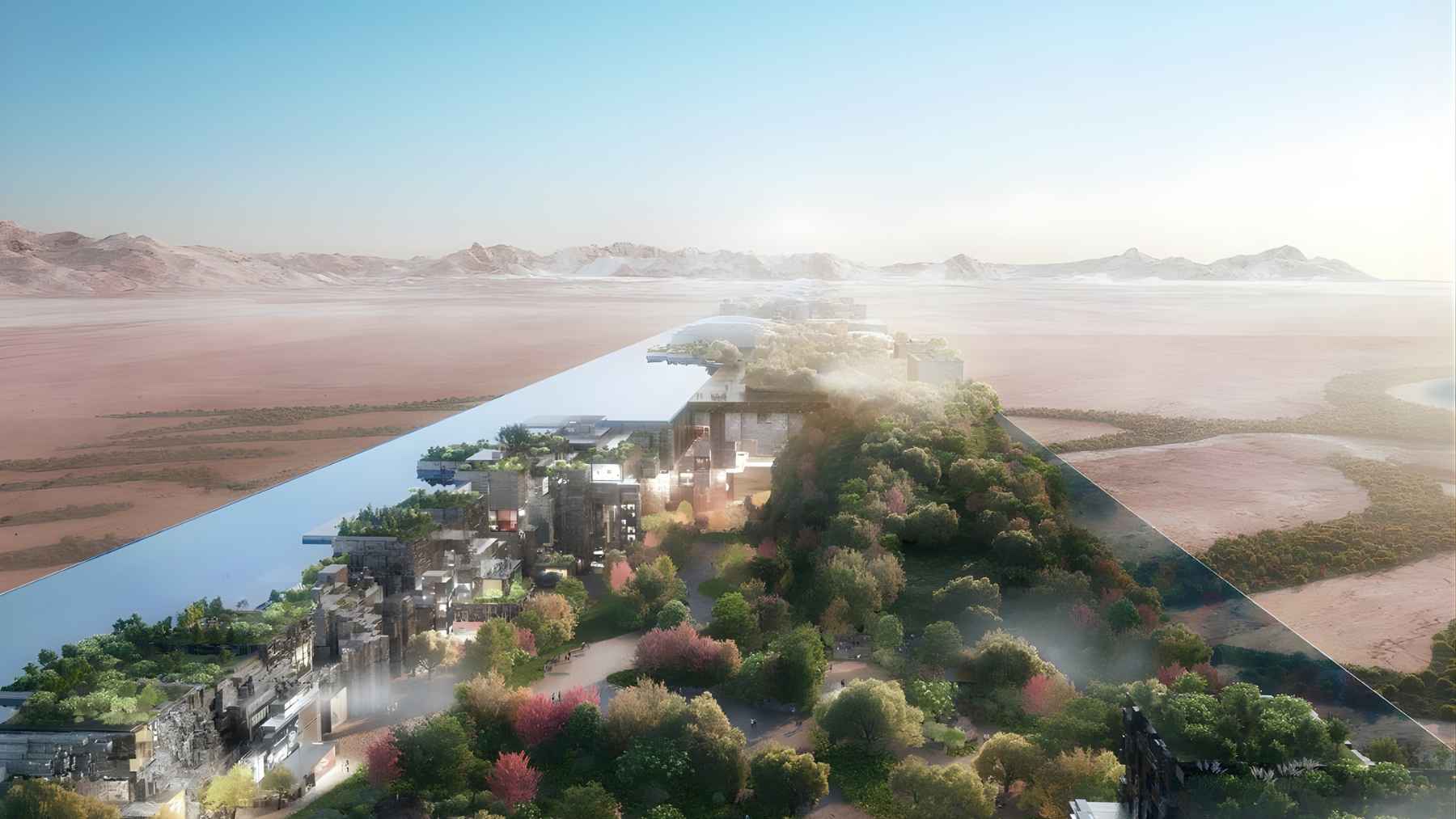 Concept rendering of The Line at Neom, showing a long mirrored linear city with greenery running through the Saudi desert.
