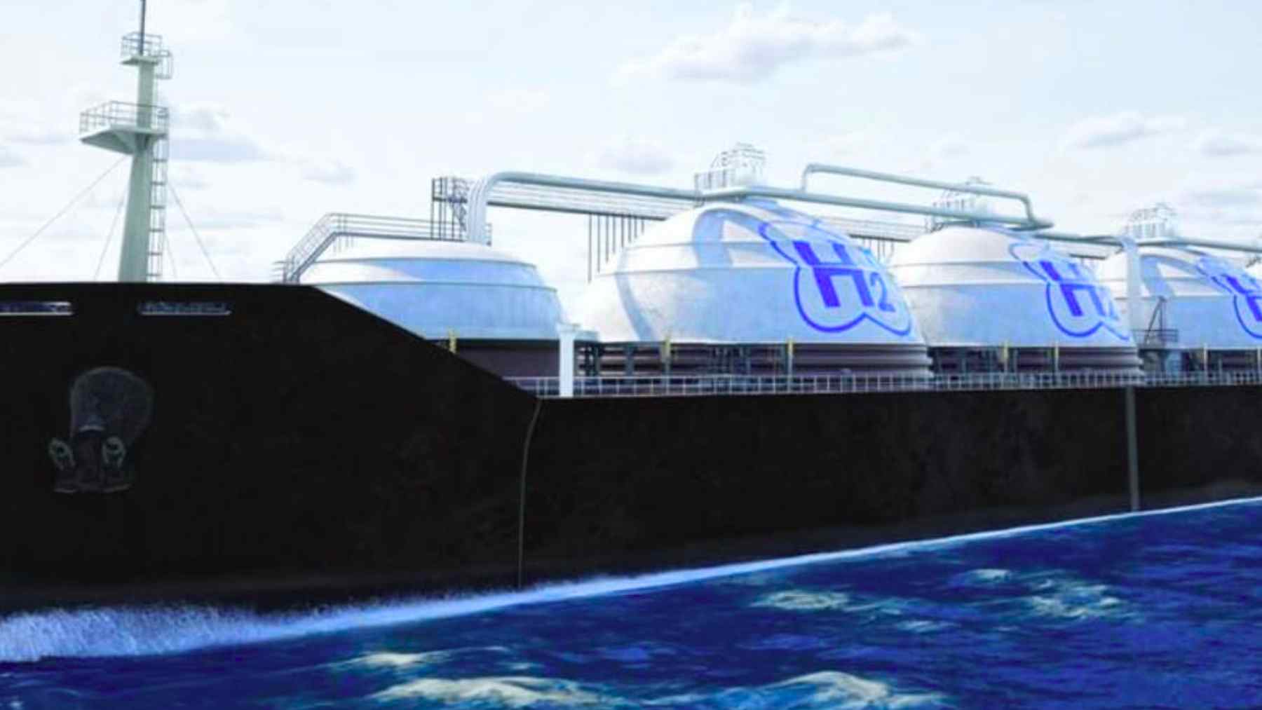 Cargo ship with onboard hydrogen storage tanks, illustrating a UK project that turns seawater into clean hydrogen fuel.