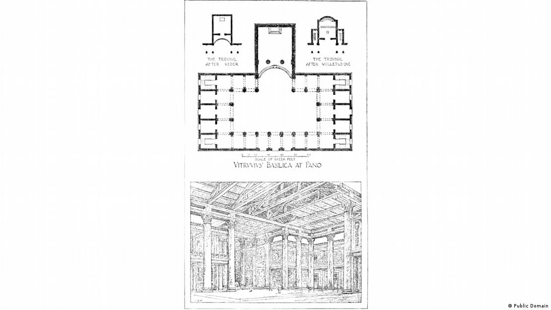 Architectural drawing and interior reconstruction of the basilica designed by Marcus Vitruvius Pollio in Fano