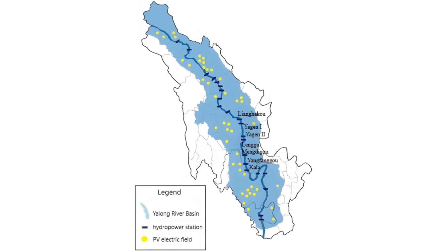 Map of the Yalong River Basin showing major hydropower stations and photovoltaic fields, including Lianghekou and Kela projects.