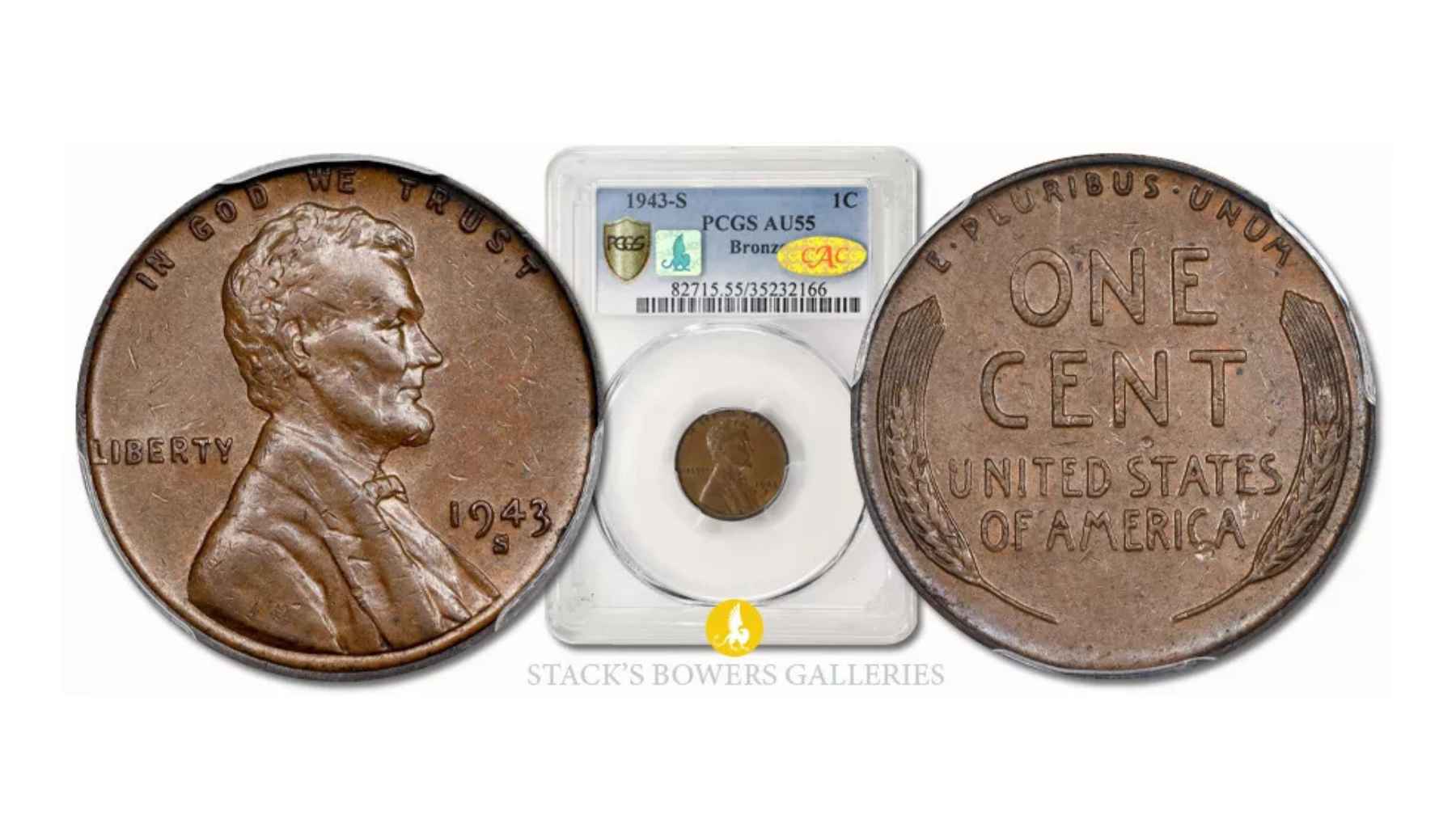 Certified 1943-S bronze Lincoln cent shown in auction holder with obverse and reverse views beside the slab.
