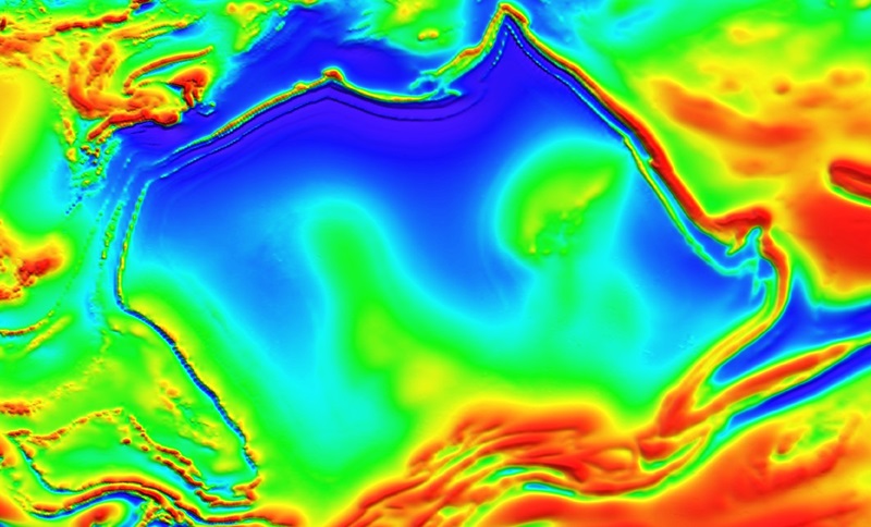 Color-coded geophysical map of the giant magnetic anomaly beneath Australia, showing the deep subsurface structure intriguing researchers