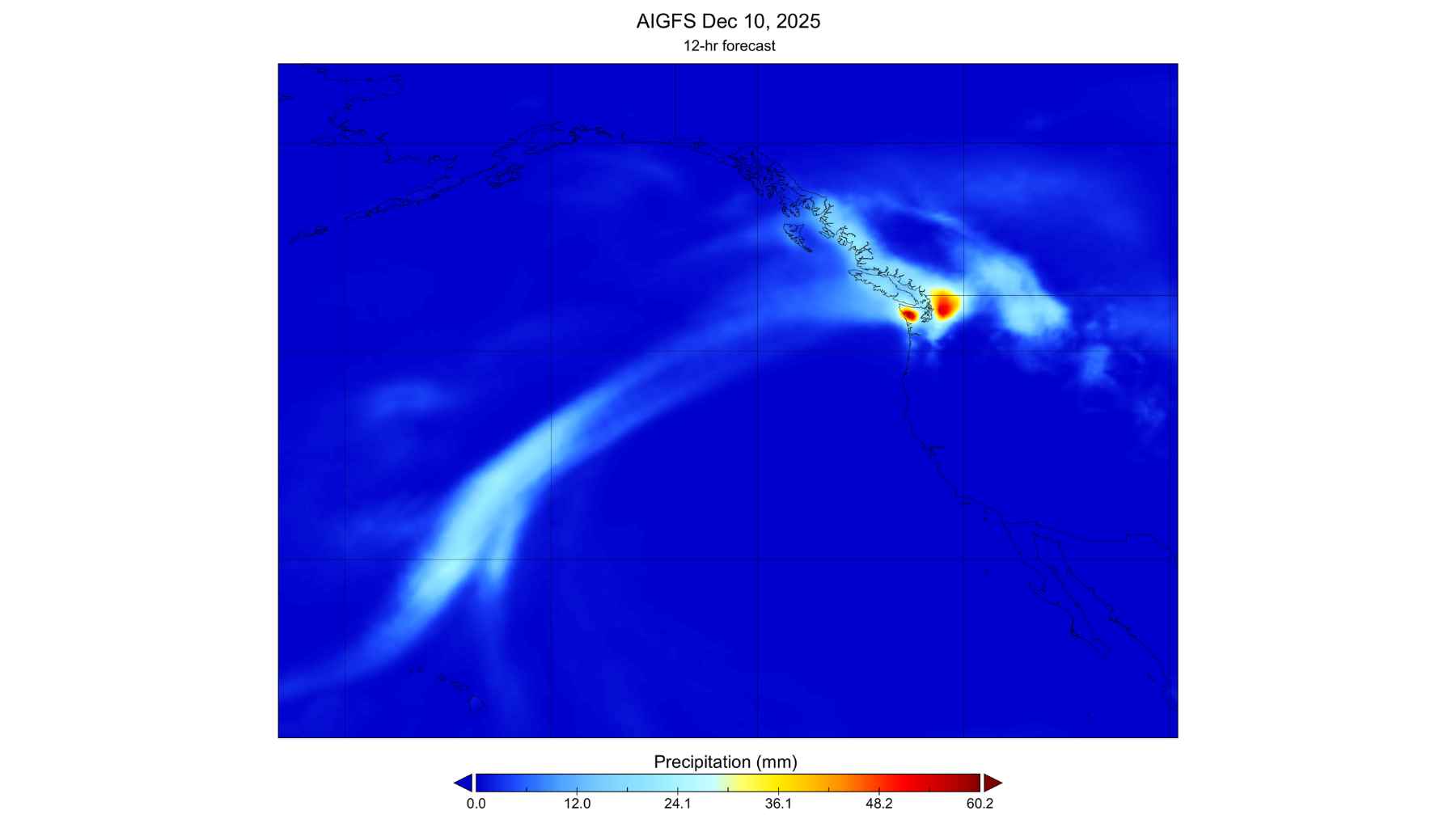 AI-generated precipitation forecast map showing an atmospheric river bringing heavy rainfall to the U.S. Pacific Northwest
