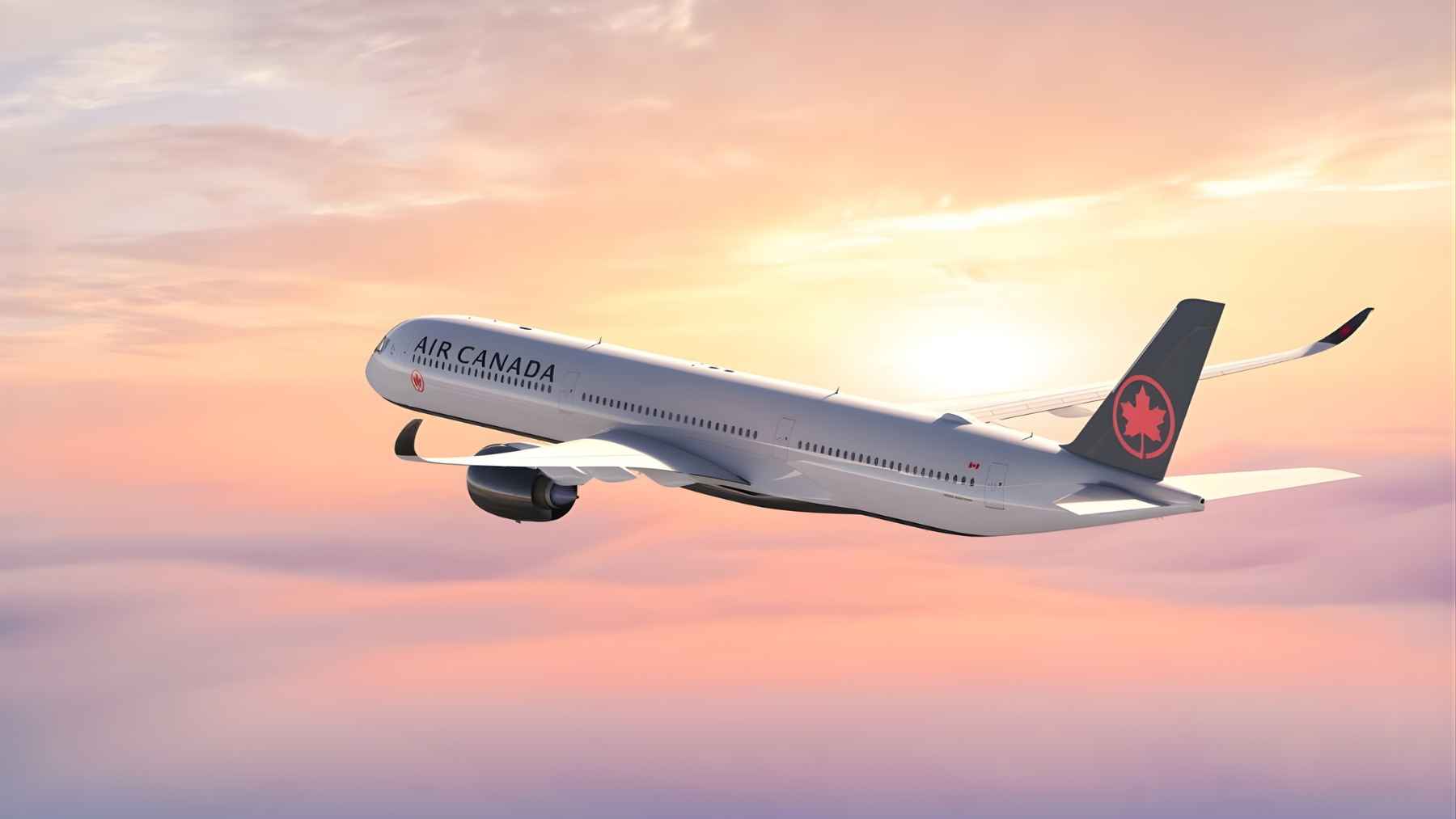 Air Canada widebody aircraft flying at sunset, illustrating the airline’s newly revealed Airbus A350-1000 order