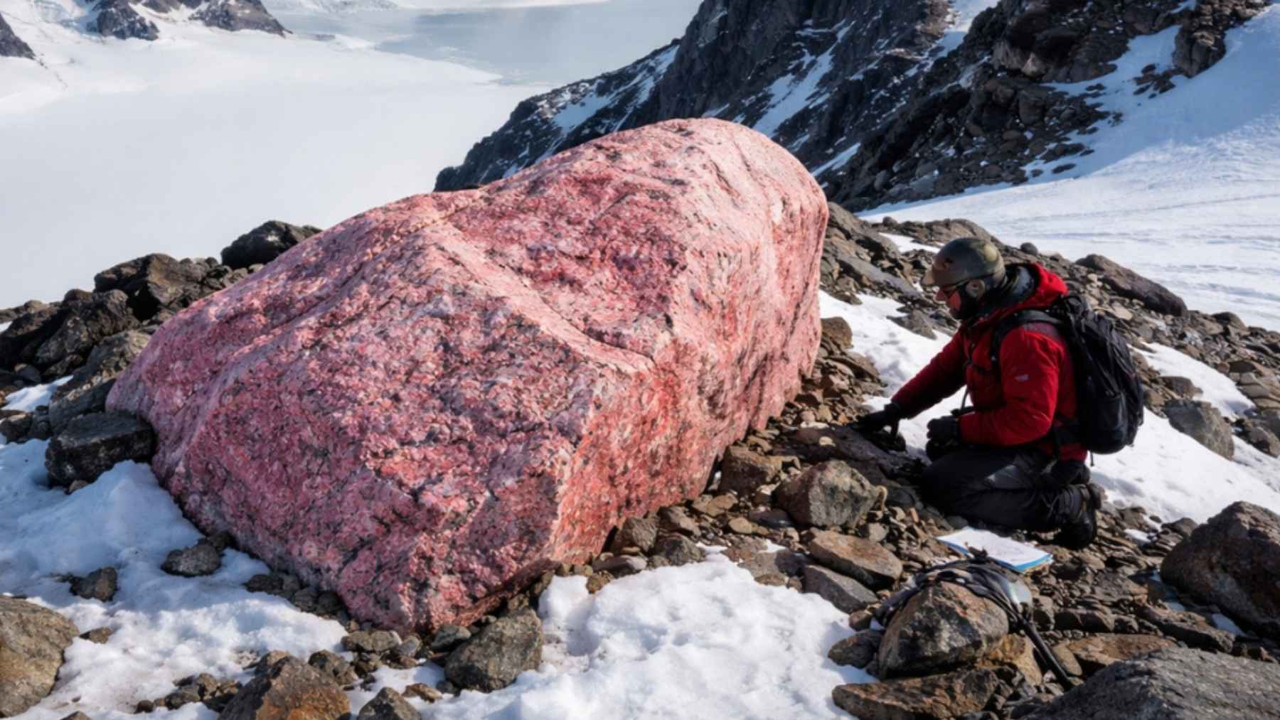 Researcher examining a large pink granite boulder in Antarctica linked to a hidden structure beneath Pine Island Glacier