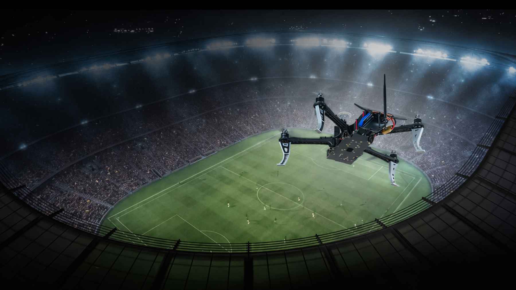 Drone flying above a packed soccer stadium at night, illustrating anti-drone security technology for major events like the 2026 World Cup