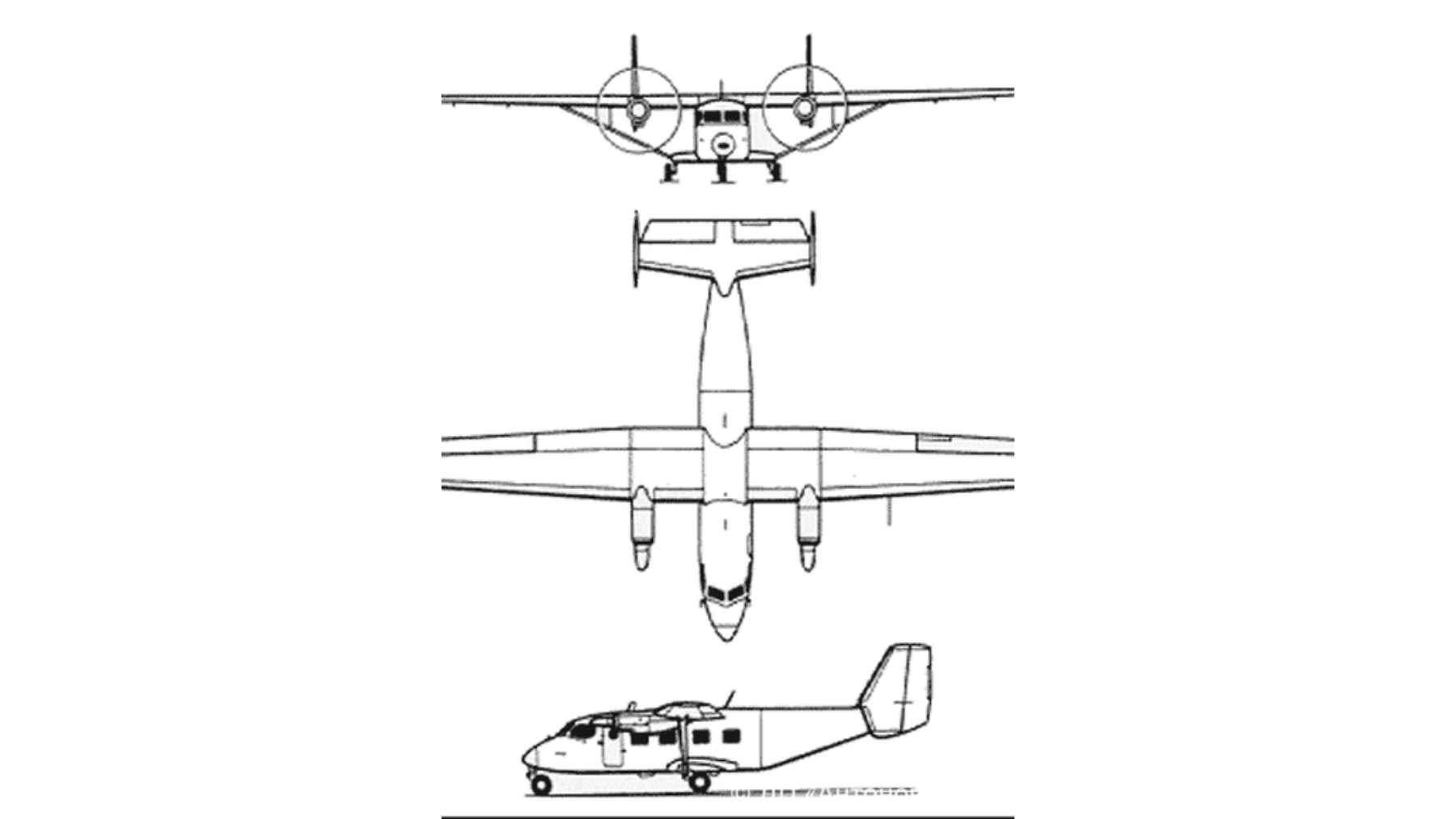 Three-view technical diagram of the Antonov An-28 twin-engine turboprop aircraft showing front, top, and side profiles.