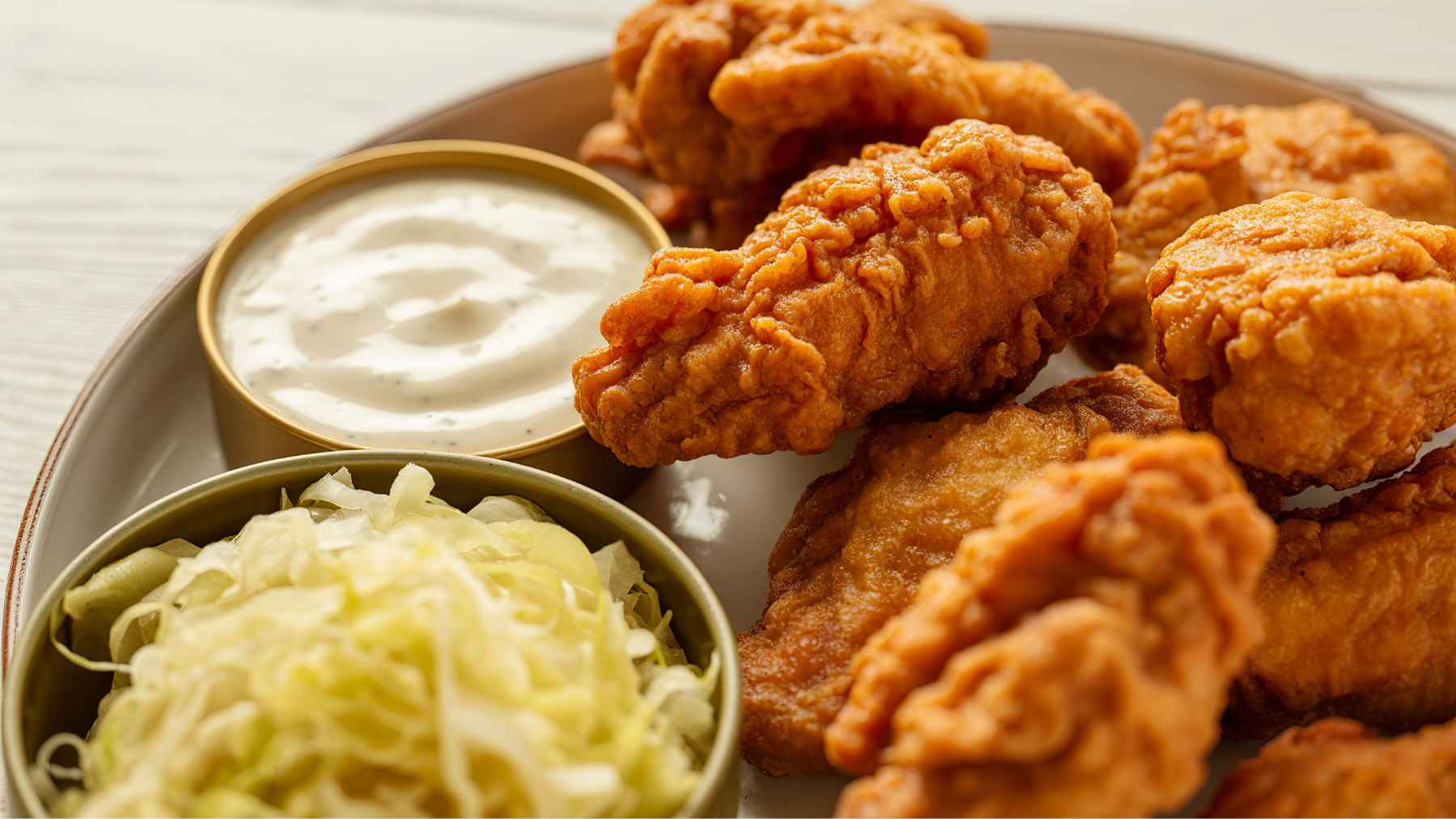 Plate of crispy fried chicken pieces with dipping sauce and shredded cabbage, representing quick frozen chicken options that heat fast.