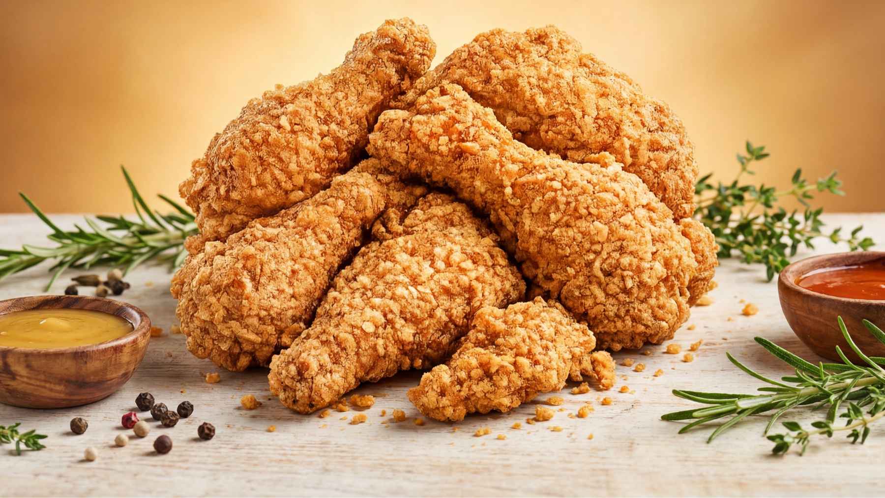 Crispy breaded chicken tenders piled on a table with dipping sauces and herbs, representing fast frozen chicken meals.