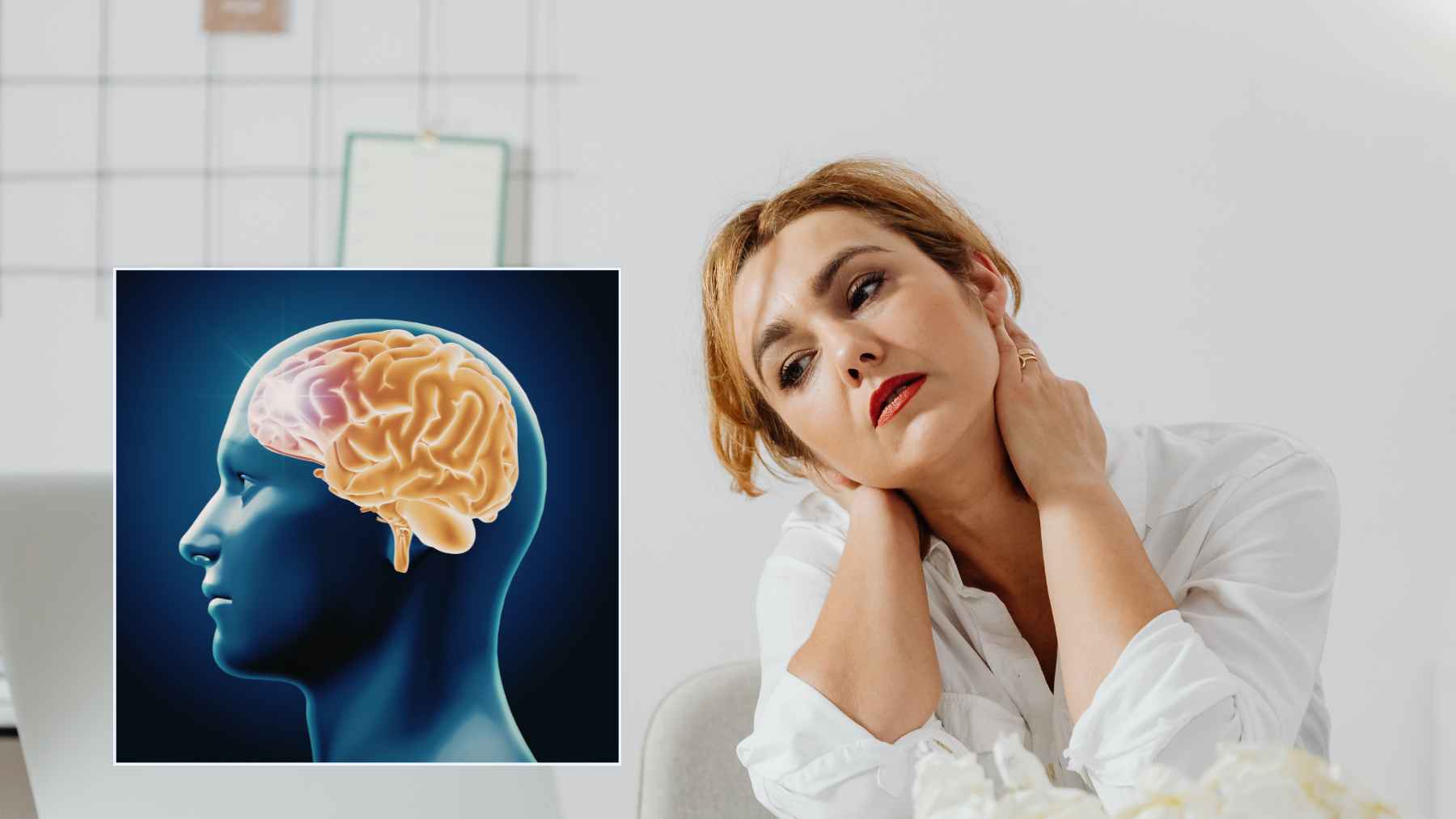 Woman touching her neck beside a brain illustration about boredom, creativity, and the brain’s default mode network