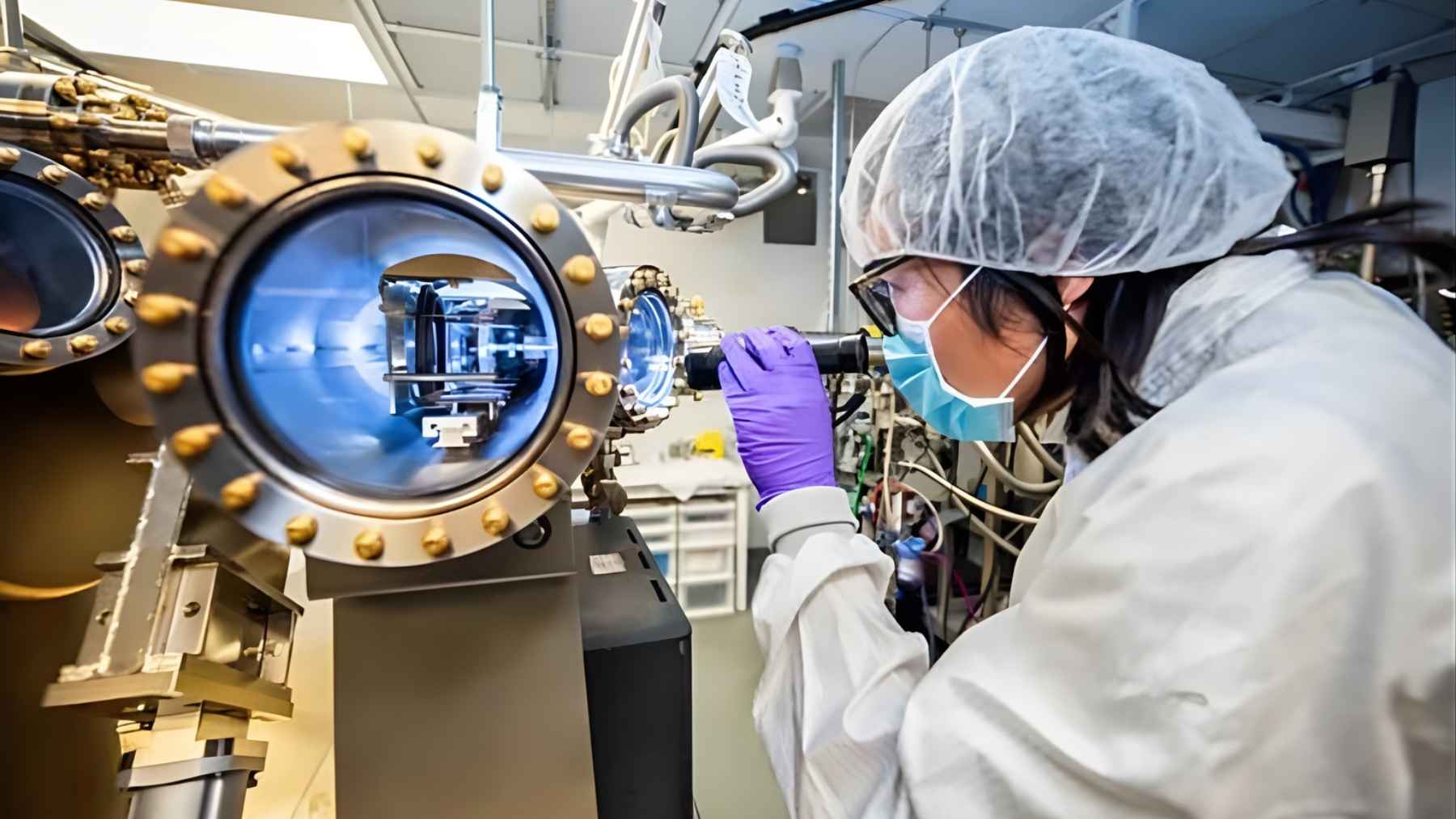 Scientist examining advanced laboratory equipment used in artificial photosynthesis research to convert carbon dioxide and water into fuel.
