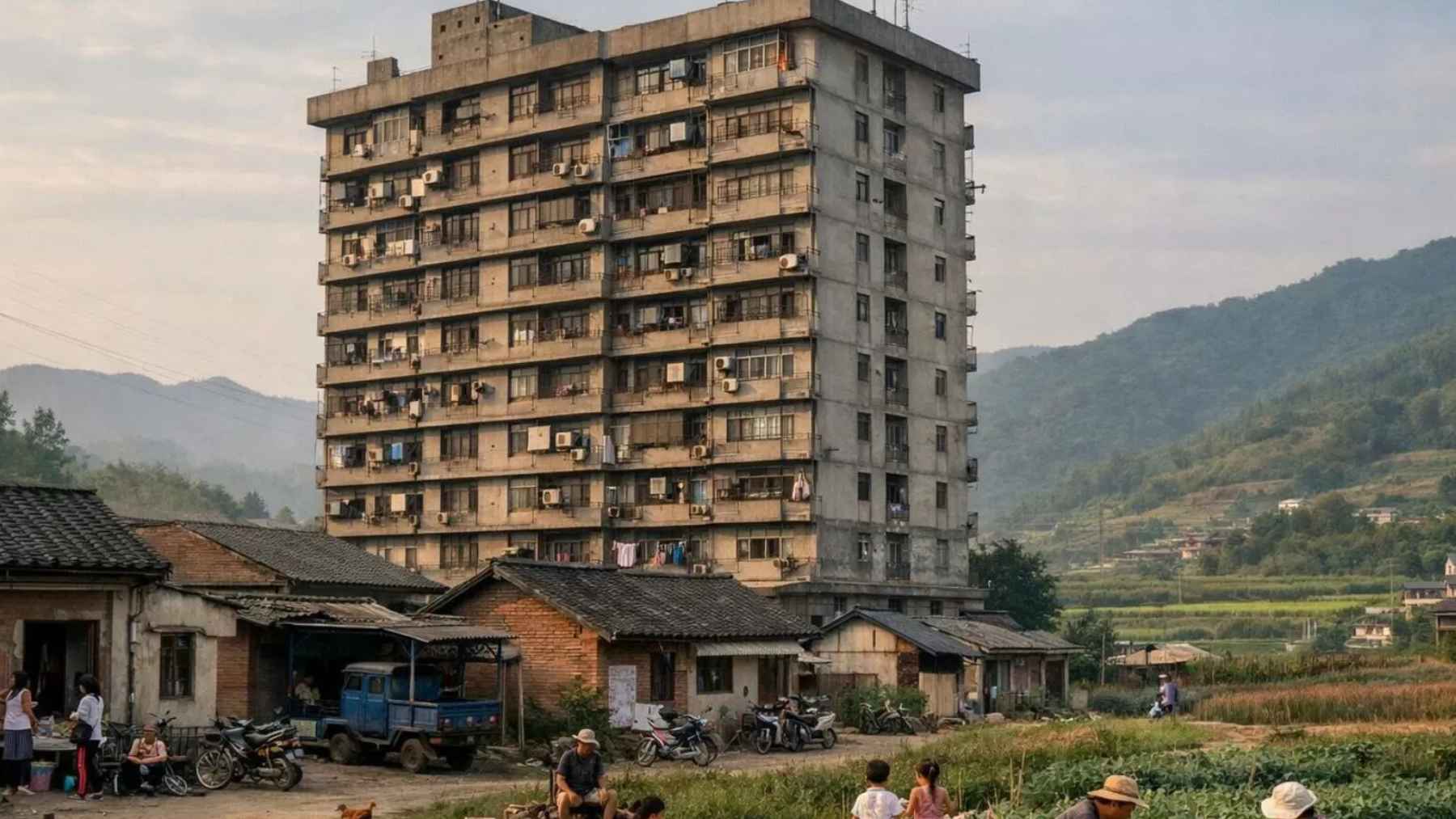 Multi story residential building in rural China housing extended family in a shared vertical living arrangement
