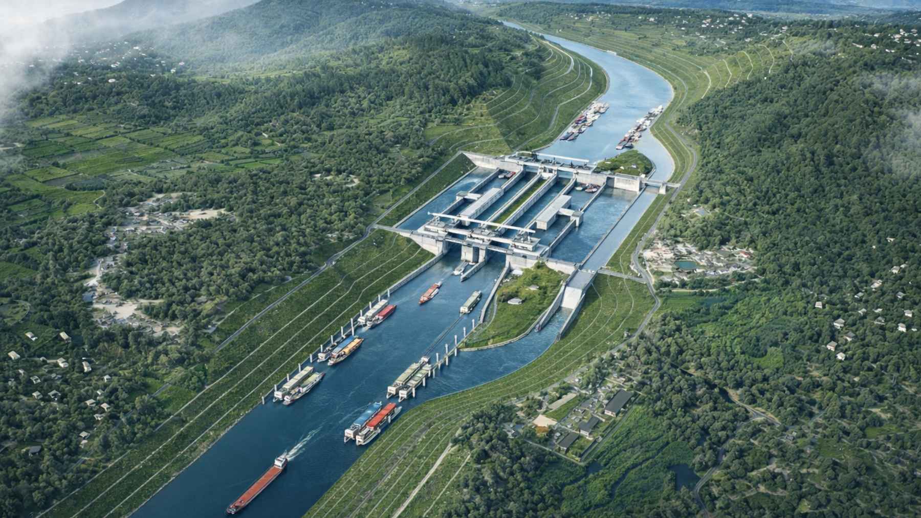 Aerial rendering of the Pinglu Canal with locks, cargo ships and surrounding green hills in China