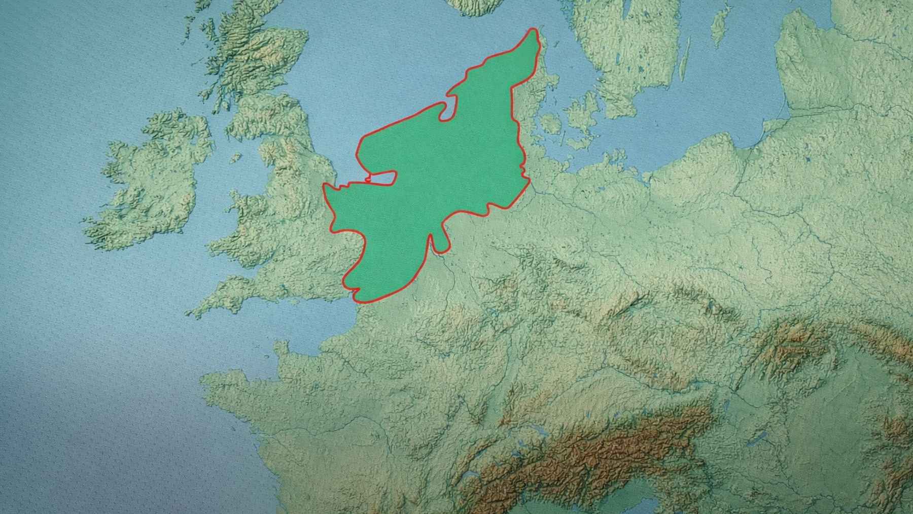 Map of Doggerland between Britain and mainland Europe with a highlighted outline and arrow