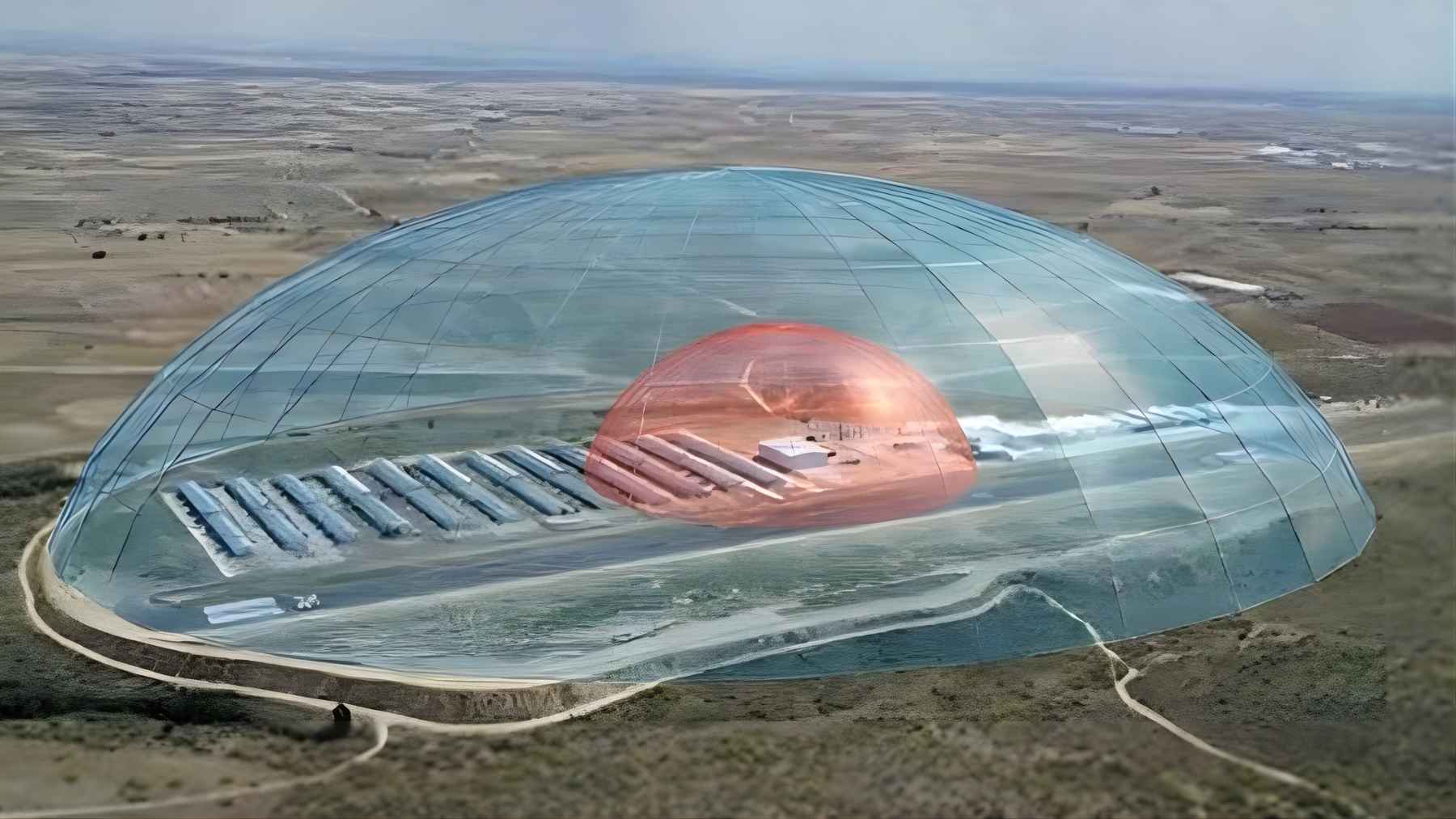 Concept image of Sentitech’s Domus Sentinela double-dome perimeter security system protecting a large airfield with layered detection zones.