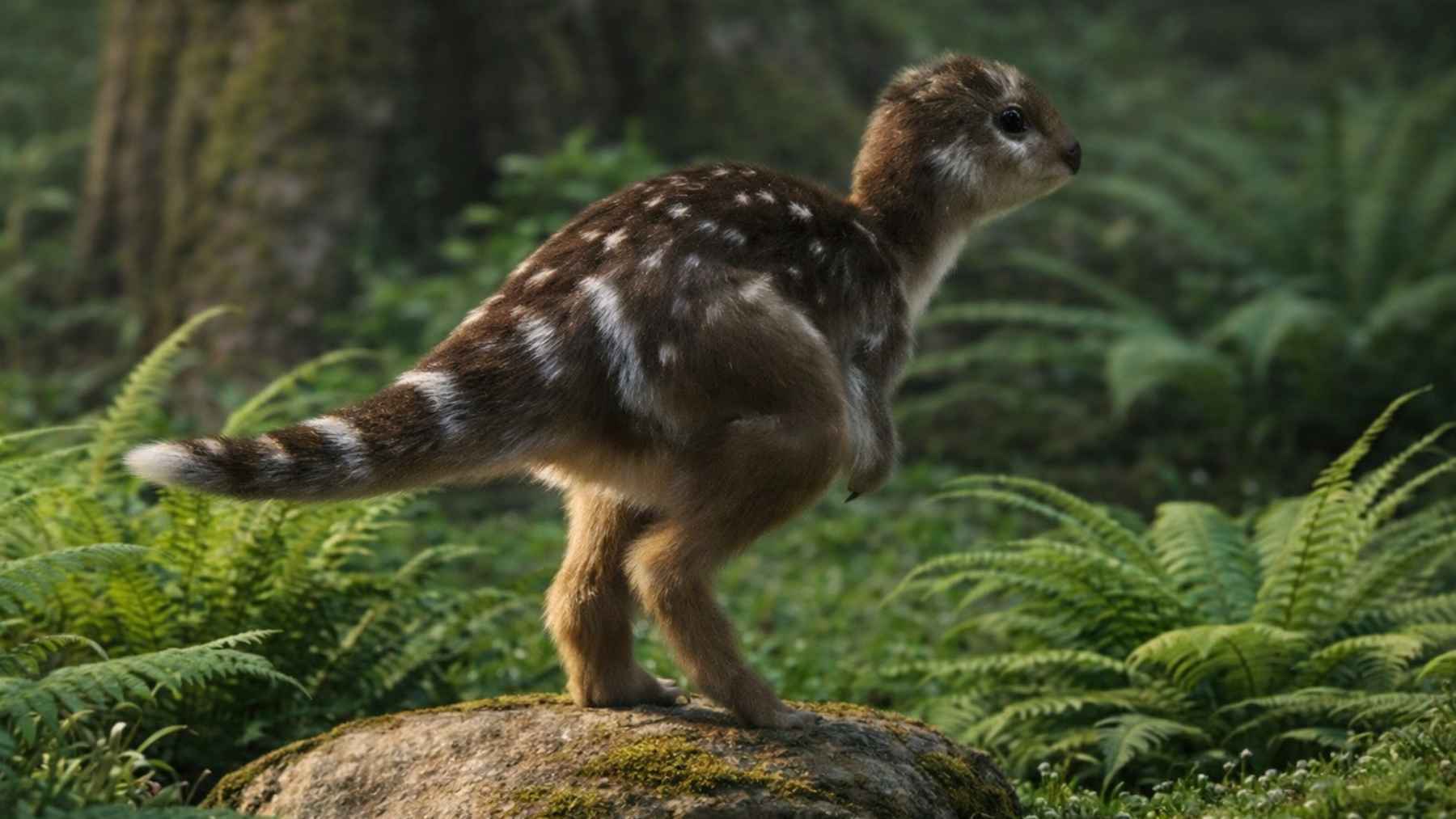 Artist’s reconstruction of Doolysaurus, a small juvenile dinosaur standing in a forest