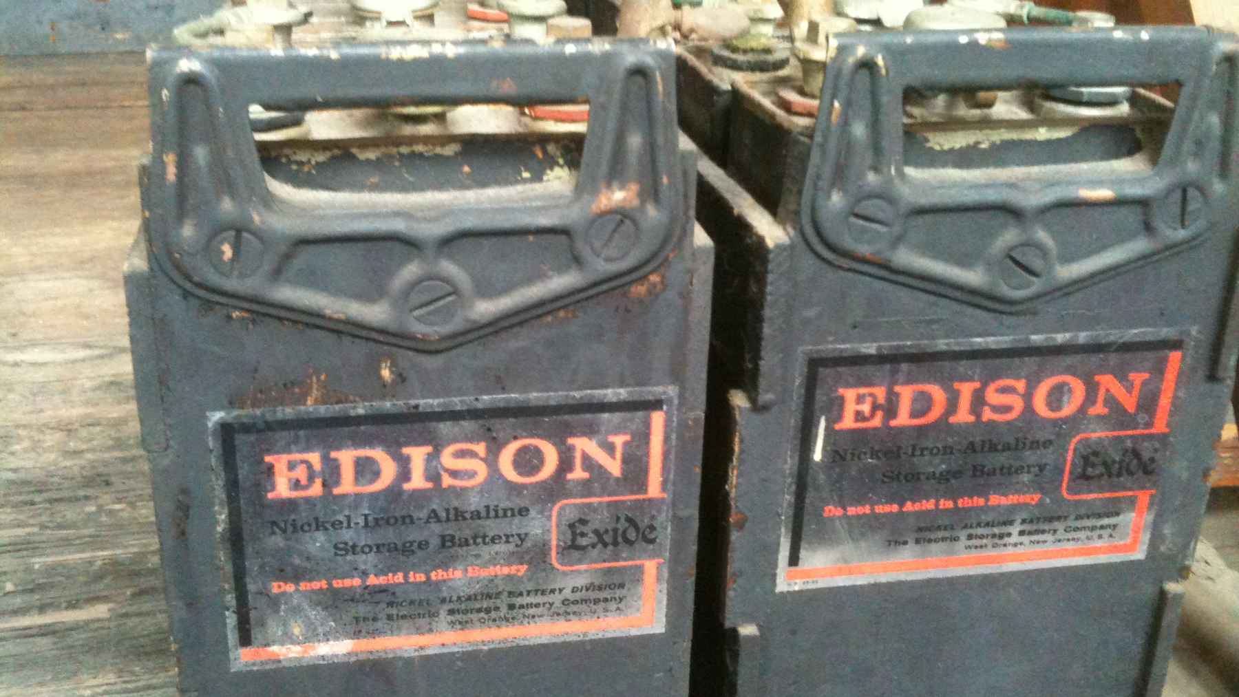 Historic nickel iron storage batteries designed by Thomas Edison, an early technology now being studied again for modern energy storage.
