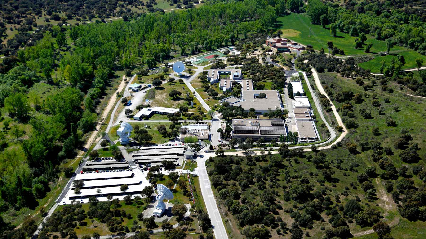 Aerial view of ESA satellite operations center in Spain used to monitor storms and environmental changes