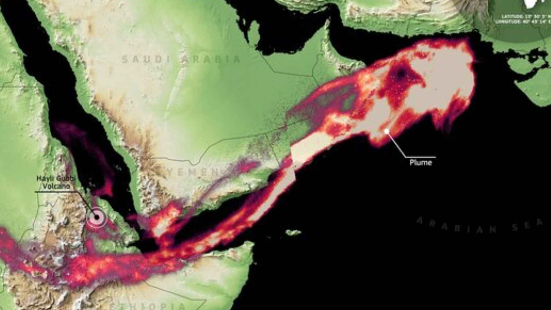 Satellite map showing sulfur dioxide emissions from Ethiopia’s Hayli Gubbi volcano spreading across the Arabian Sea