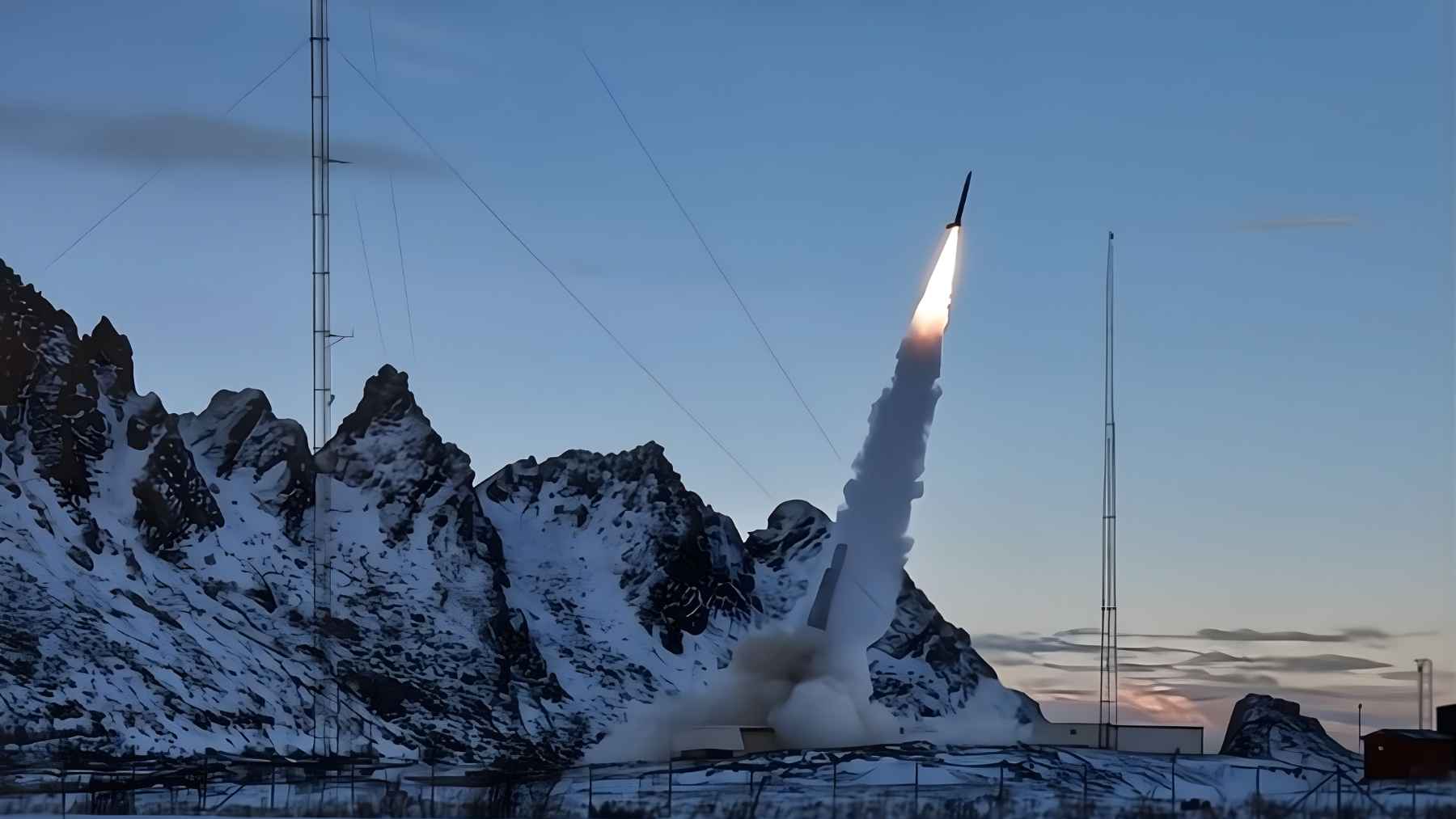 Hypersonic missile prototype launching from a snowy site in Norway, illustrating Europe’s push to develop faster military technology.