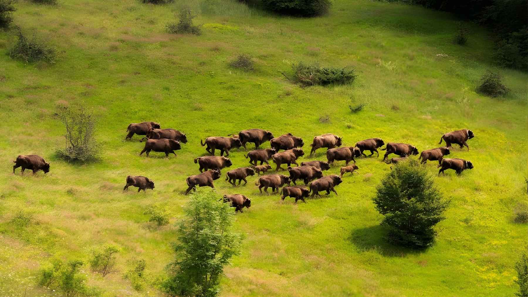 Aerial view of a herd of European bison moving across a green rewilded landscape in Romania