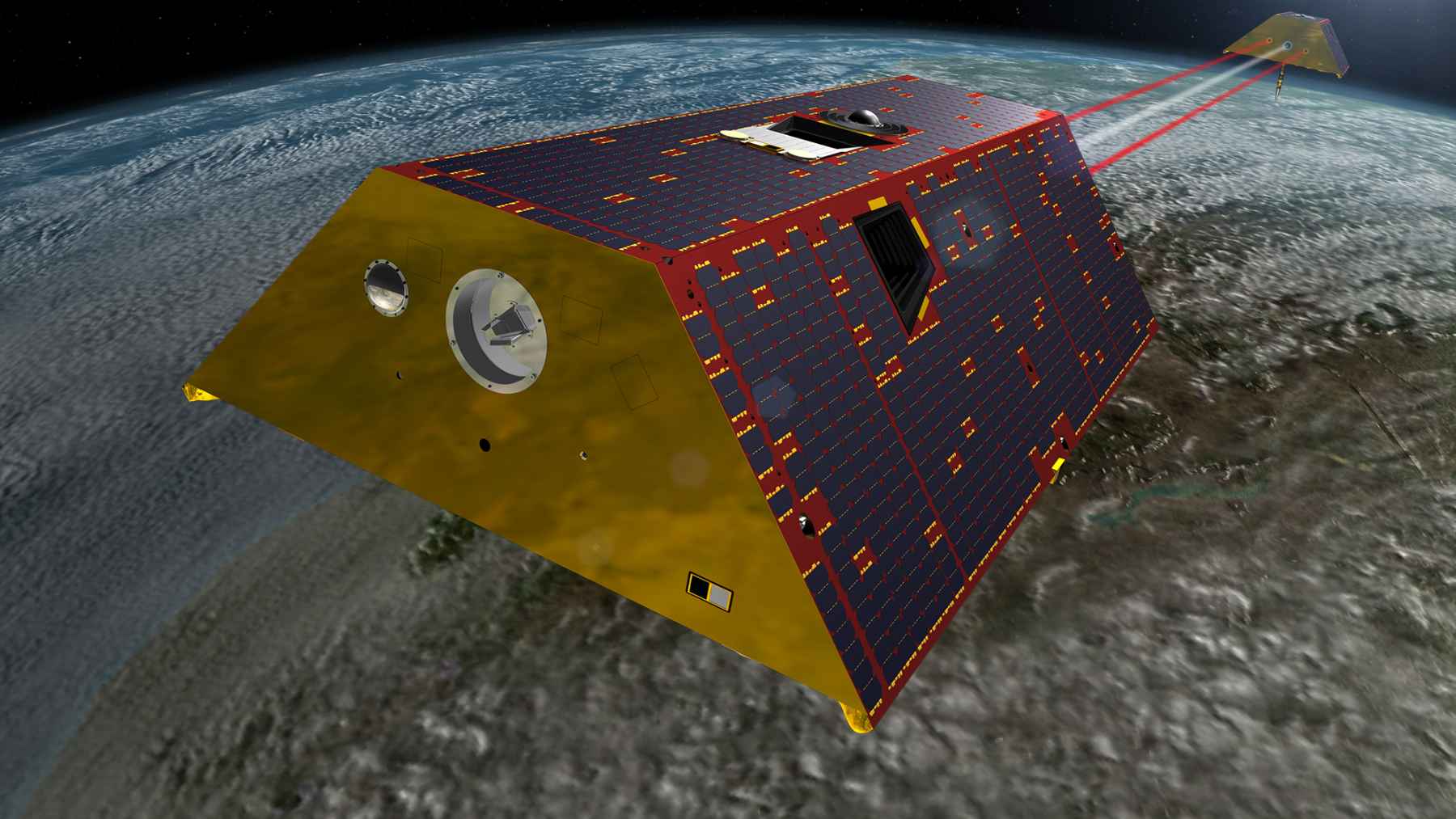 GRACE Follow On satellite orbiting Earth, part of a mission that measures changes in global freshwater storage using gravity data.