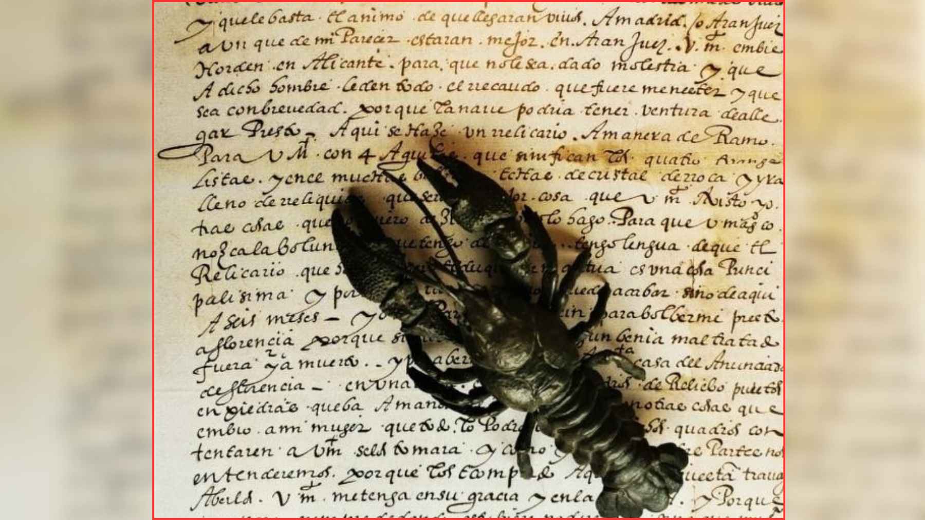 Historic handwritten document with a preserved crayfish specimen, illustrating new research on the debated origin of the Iberian crayfish.