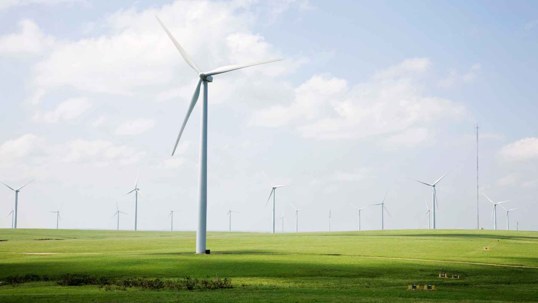 Wind turbines across a green field, illustrating Ireland’s renewable energy system and the new battery built to store wind power