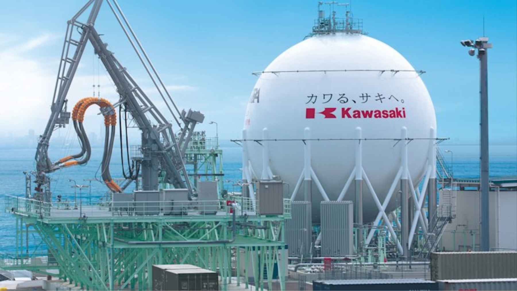 Kawasaki hydrogen facility with spherical storage tank and industrial equipment, illustrating Japan’s push to use hydrogen in commercial power generation.