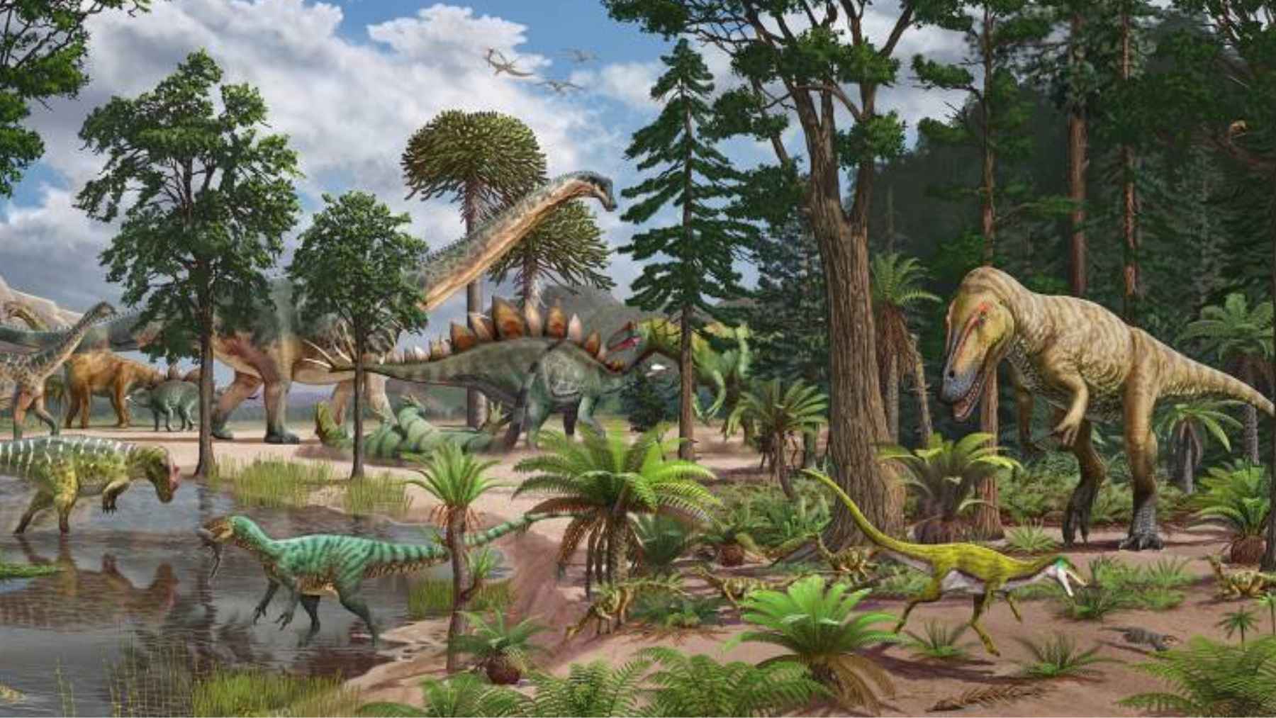 Reconstruction of Jurassic ecosystem showing large predators hunting newly hatched sauropod dinosaurs