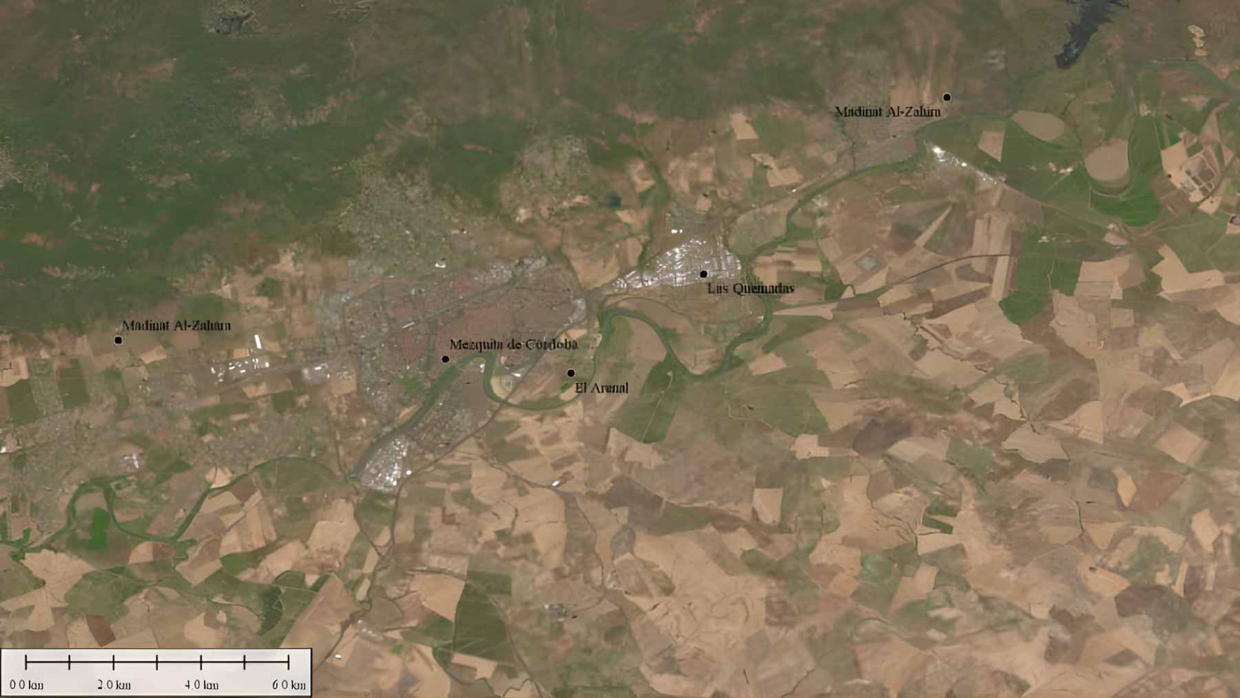 A high-resolution LiDAR digital terrain model of the hills near Córdoba, showing the rectangular outlines of a buried medieval city.