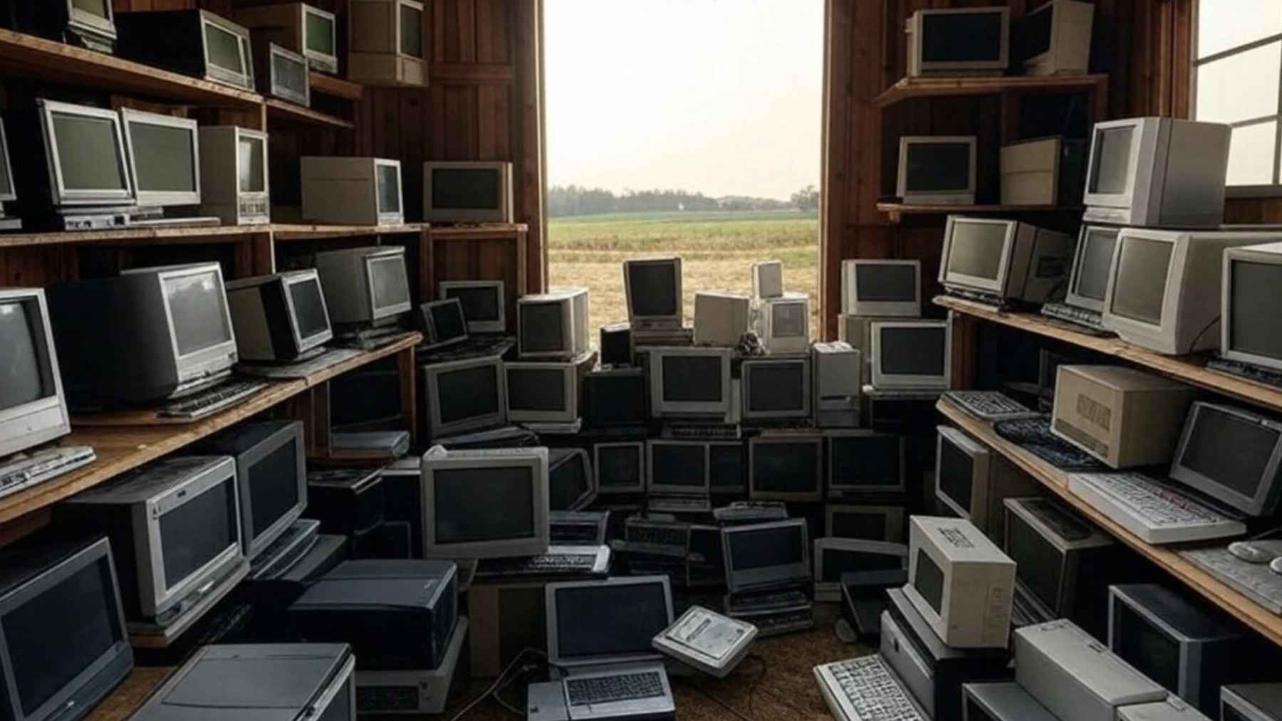 Stacks of boxed NABU retro computers stored on the second floor of a rural Massachusetts barn